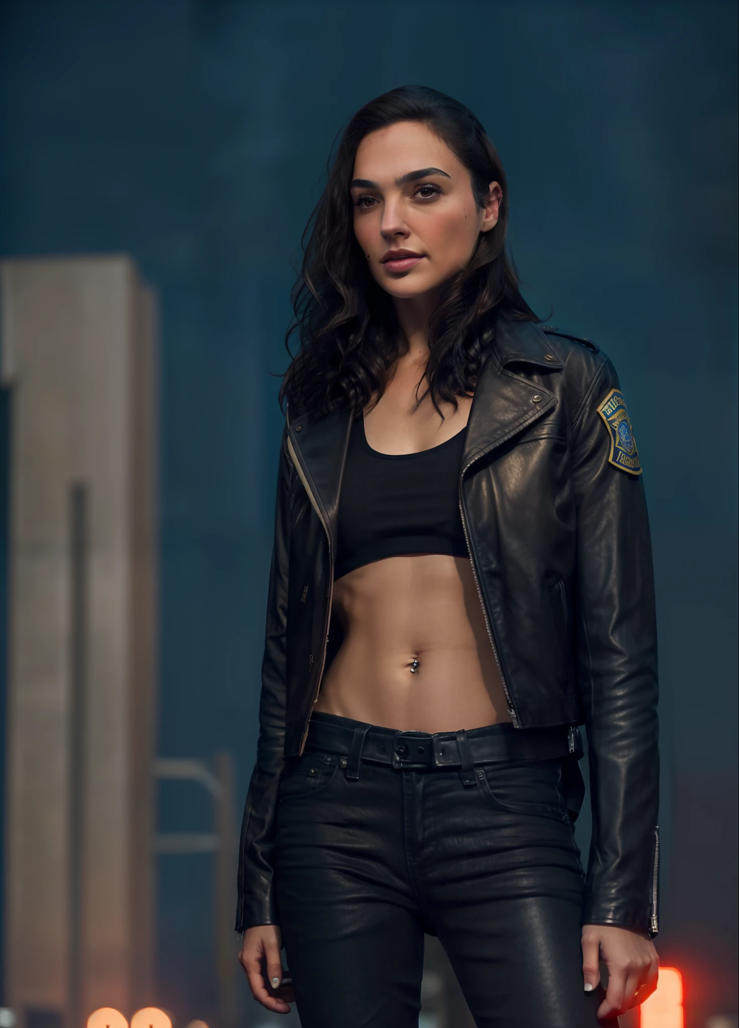 Portrait of gldot as a beautiful female model, georgia fowler, beautiful face, with short dark brown hair, in cyberpunk city at night. She is wearing a leather jacket, black jeans, dramatic lighting, (police badge:1.2)