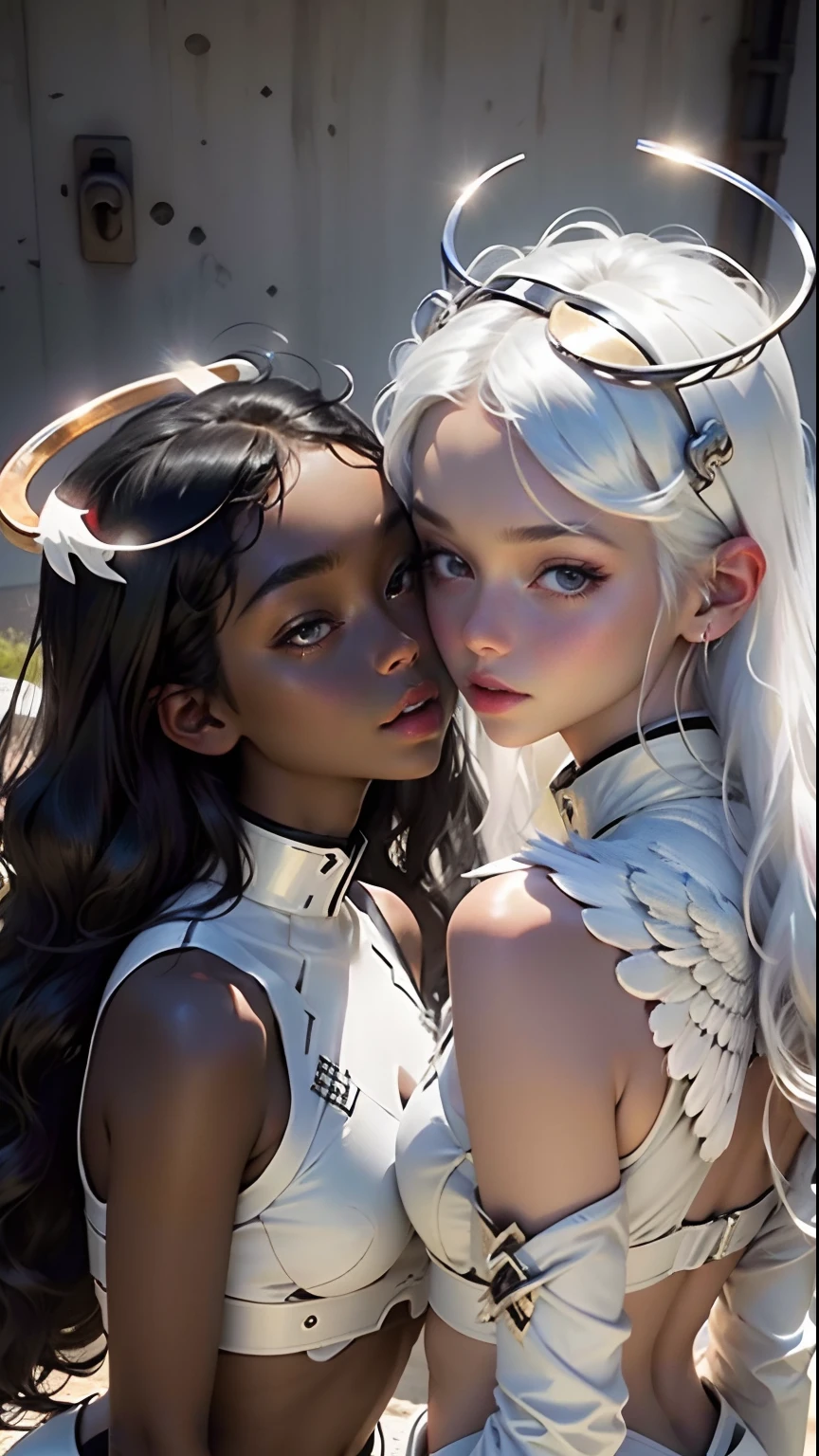 Laura, her sister, inspires her to seek professional help to face depression, Realistic, 2 women, selfie, cleavage emphasis, 2girls,one girl has dark skin the other has white skin, the white girl has short white hair with pink tips, the other dark skinned girl has black hair with blue tips, {{{halo}}}, {{{angel wings}}}