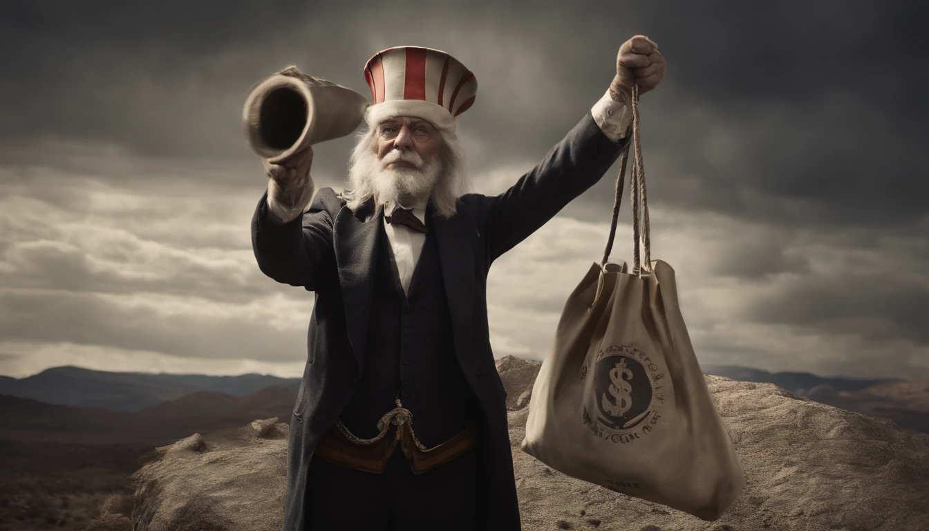 uncle sam with an angry face, full body, open arms blocking the way, round cloth bags with money in the middle