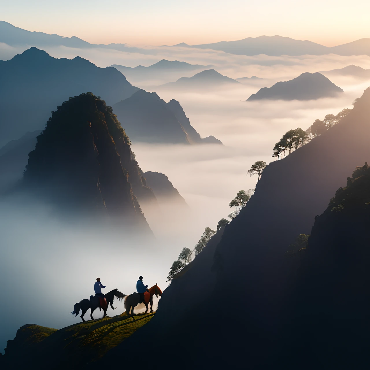 Two men on horseback on the cliff above the fog, misty mountains, Landscape wallpaper, amazing wallpapers, hd phone wallpaper, Chinese landscape, phone wallpaper hd, traveling through the mountains, scenery wallpaper, High quality wallpaper, the see horse valley, Beautiful wallpaper, Wallpaper background, author:Cheng Jiasui, wallpaper hd, Wuxia, hq 4k phone wallpaper