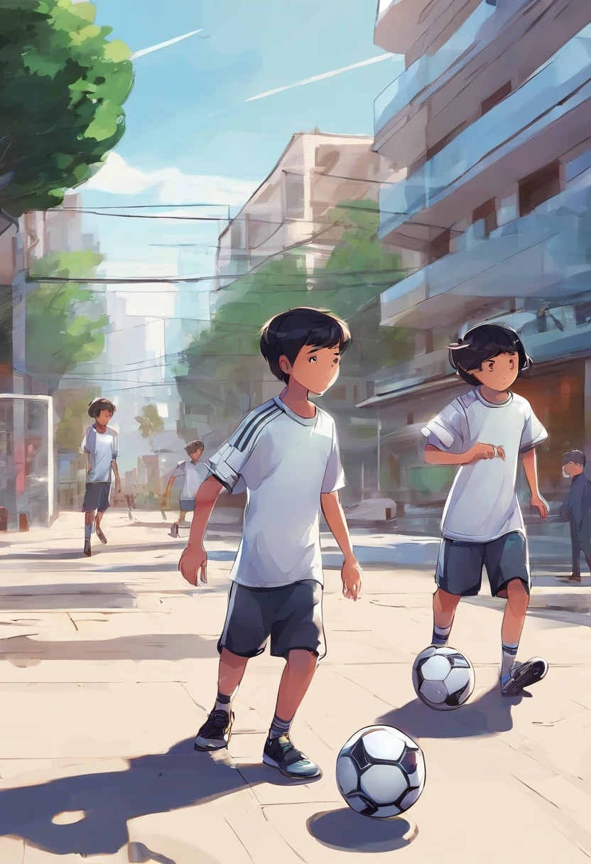 Children playing soccer on the street from home, rua tranquila e familiar