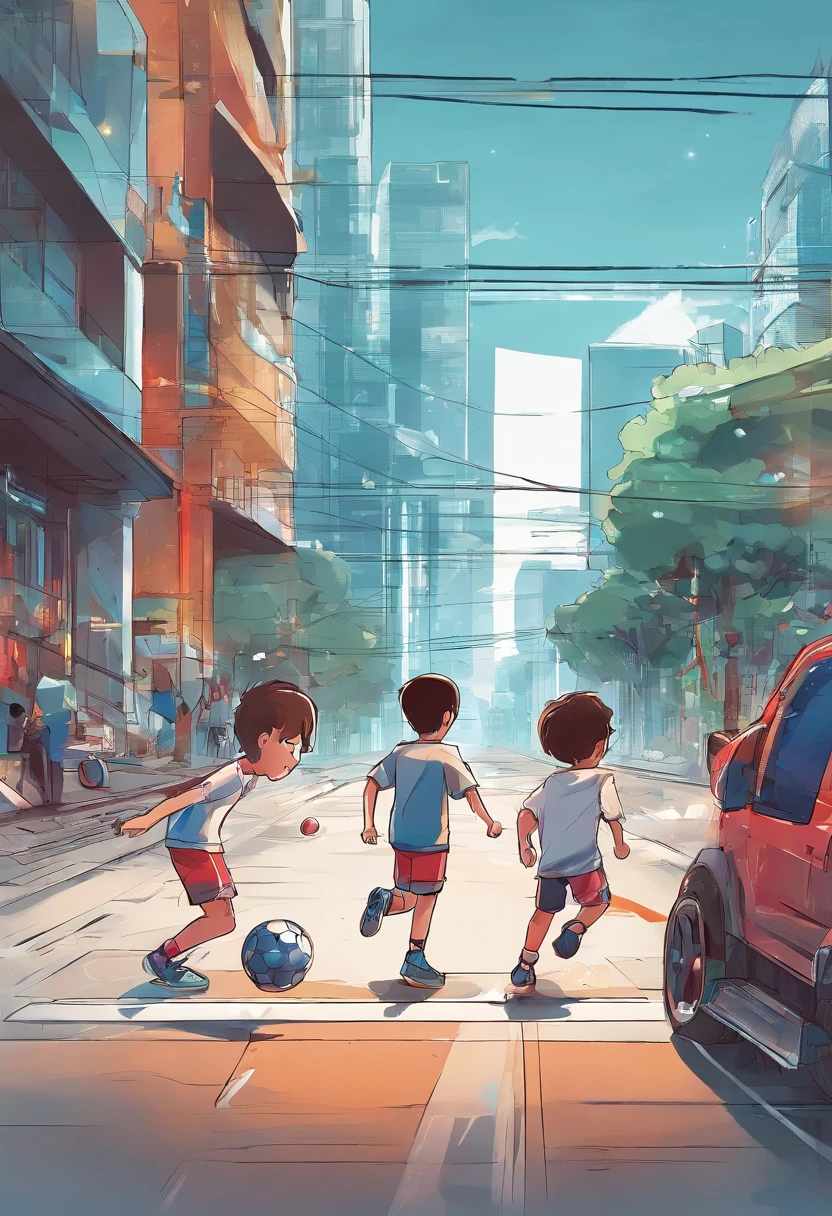 Children playing soccer on the street from home, rua tranquila e familiar