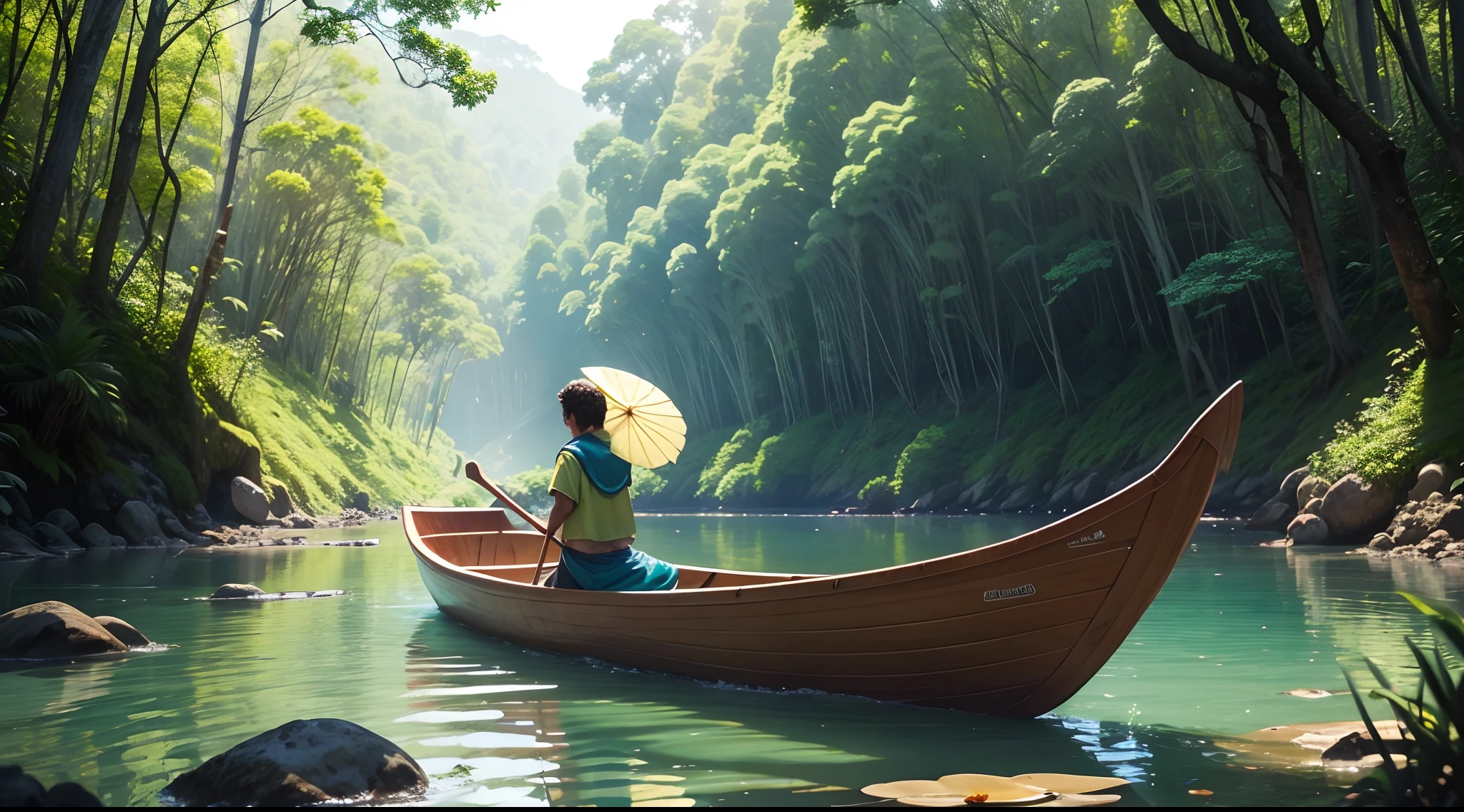 canoa pequena em um riacho de aguas claras no meio da floresta encantada. tartaruga gigante ao fundo.