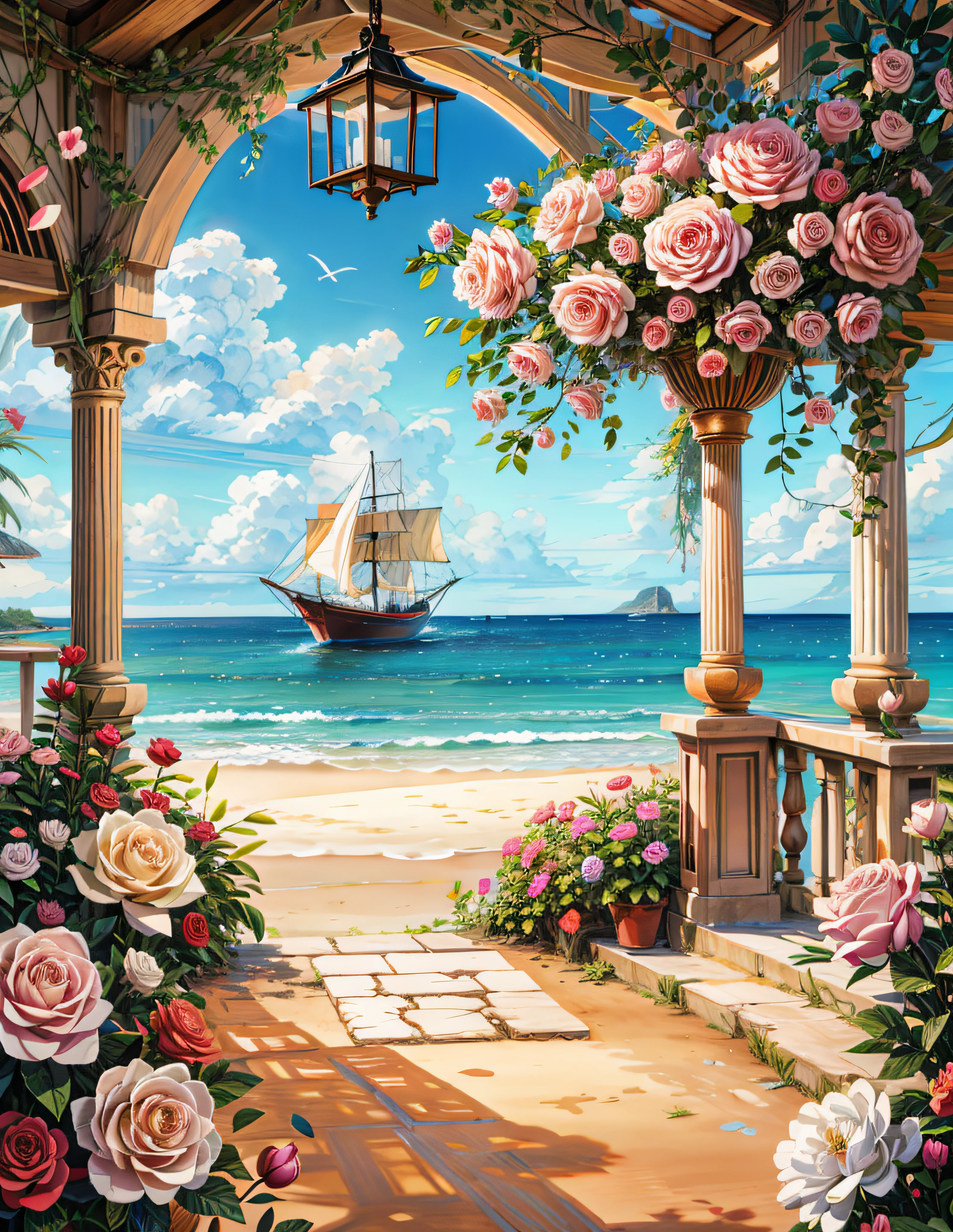 painting of a seaside , beautiful gazabo,roses,sand, ocean waves,dusk,beautiful art uhd 4 k, a beautiful artwork illustration, beautiful digital painting, highly detailed digital painting, beautiful digital artwork, detailed painting 4 k, very detailed digital painting, rich picturesque colors, gorgeous digital painting
