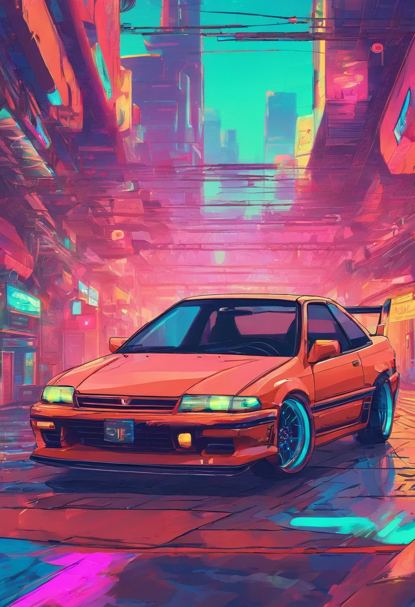 Vista de cima para baixo de uma obra de arte vintage do honda civic modelo 2005, estilo anime nos anos 2005, arte detalhada do anime, Arte de anime vintage dos anos 2005, Detailed representation of the traditional anime shading Honda Civic model 2005, Art with retro vibe, nostalgia, dynamic lighting, Clean and crisp details, arte com senso de movimento, Alto contraste, bold and lively composition