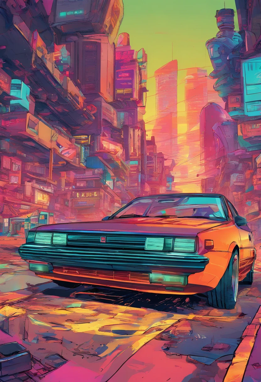 Vista de cima para baixo de uma obra de arte vintage do honda civic modelo 2005, estilo anime nos anos 2005, arte detalhada do anime, Arte de anime vintage dos anos 2005, Detailed representation of the traditional anime shading Honda Civic model 2005, Art with retro vibe, nostalgia, dynamic lighting, Clean and crisp details, arte com senso de movimento, Alto contraste, bold and lively composition