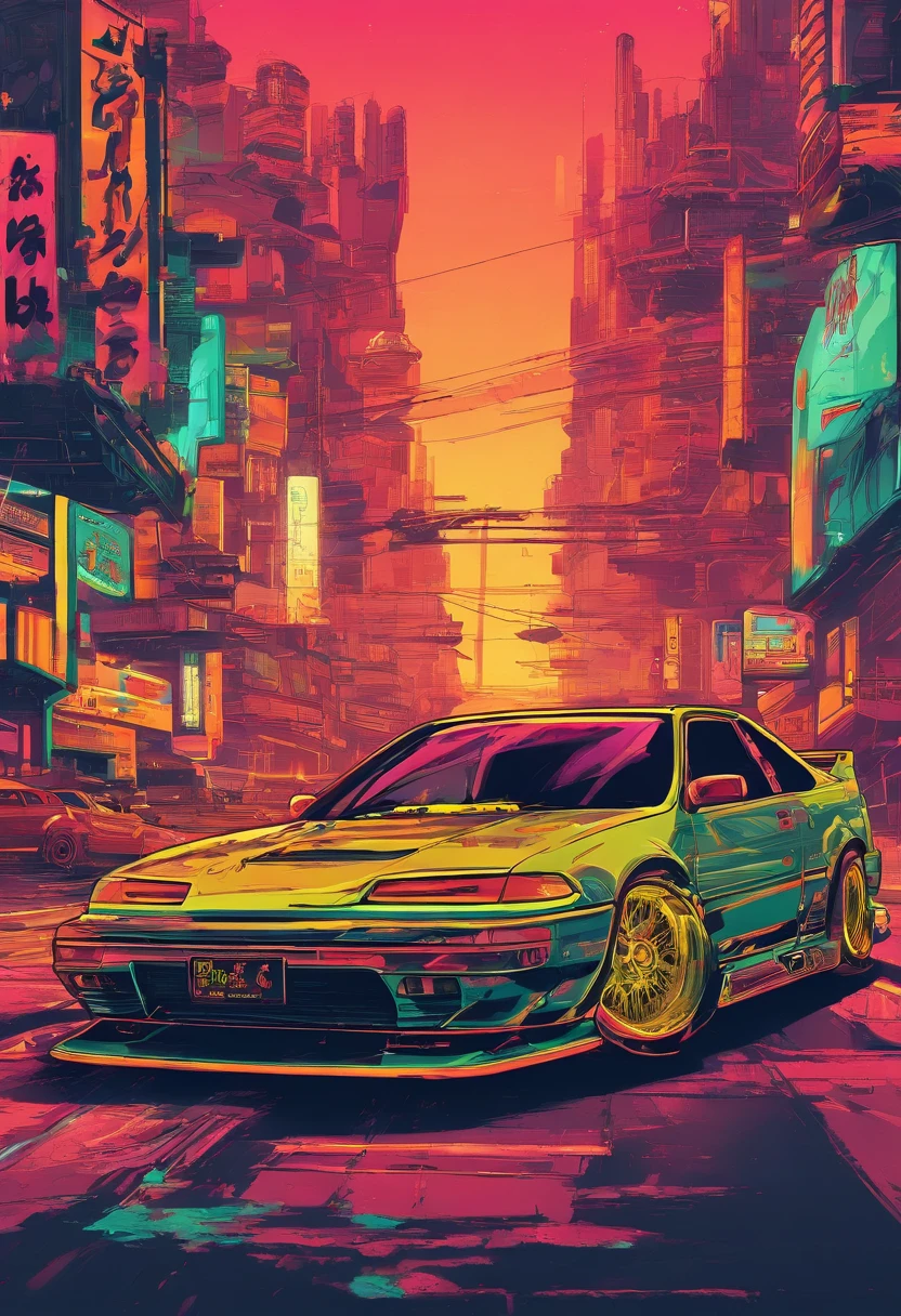 Vista de cima para baixo de uma obra de arte vintage do honda civic modelo 2005, estilo anime nos anos 2005, arte detalhada do anime, Arte de anime vintage dos anos 2005, Detailed representation of the traditional anime shading Honda Civic model 2005, Art with retro vibe, nostalgia, dynamic lighting, Clean and crisp details, arte com senso de movimento, Alto contraste, bold and lively composition