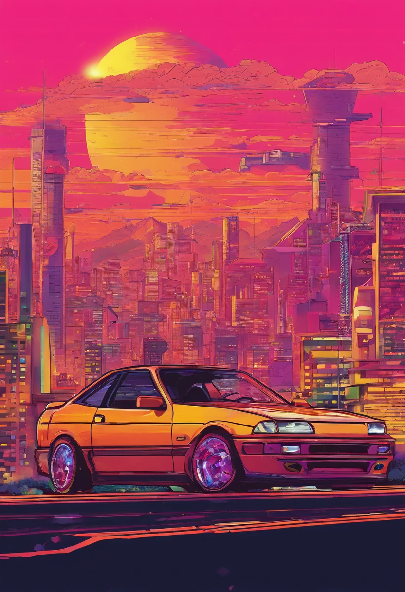 Vista de cima para baixo de uma obra de arte vintage do honda civic modelo 2005, estilo anime nos anos 2005, arte detalhada do anime, Arte de anime vintage dos anos 2005, Detailed representation of the traditional anime shading Honda Civic model 2005, Art with retro vibe, nostalgia, dynamic lighting, Clean and crisp details, arte com senso de movimento, Alto contraste, bold and lively composition