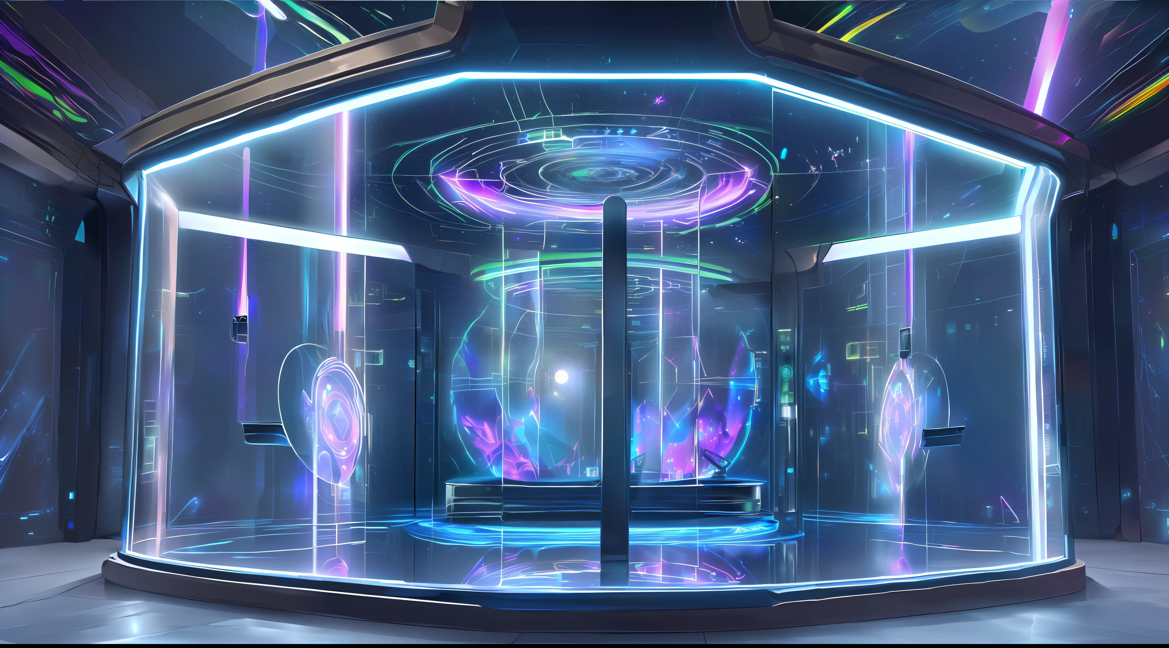 There is a glass structure，Middle blue light, Digital avatars, teletransporte, holographic projections, In a glass box, holography space, Huge hologram, indoor liminal space, virtual metaverse room, Futuristic room, Zero gravity, infinite quantum portal, Glass room, Suspension zero gravity