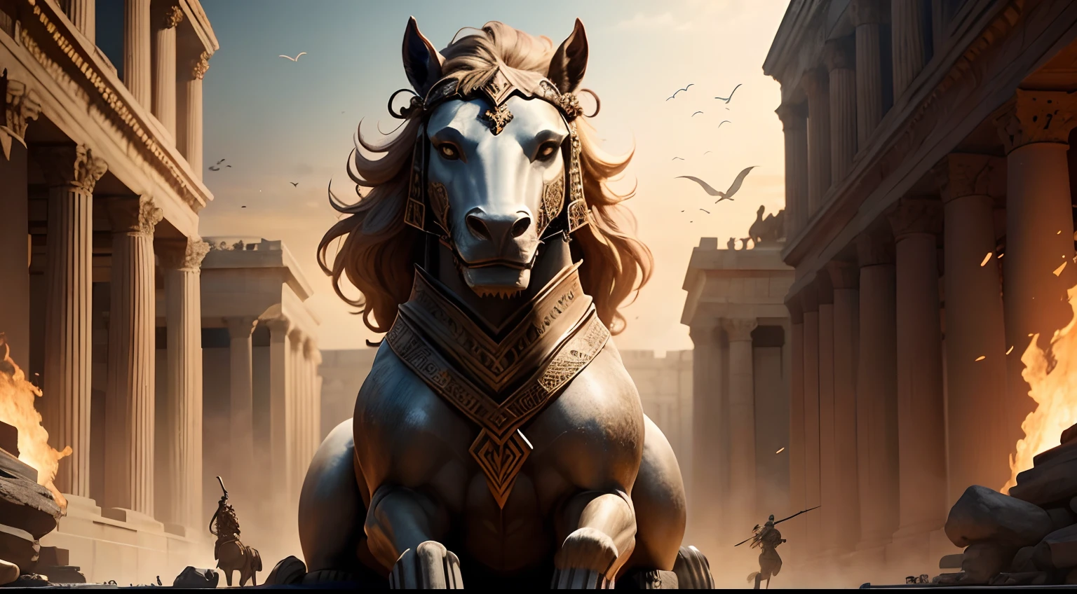 Capture the enduring significance of the Trojan War in Western culture, showcasing its portrayal in myths, poems, and works of art. Emphasize its symbolism as a timeless conflict between good and evil, and underscore the values of honor and justice that it represents.