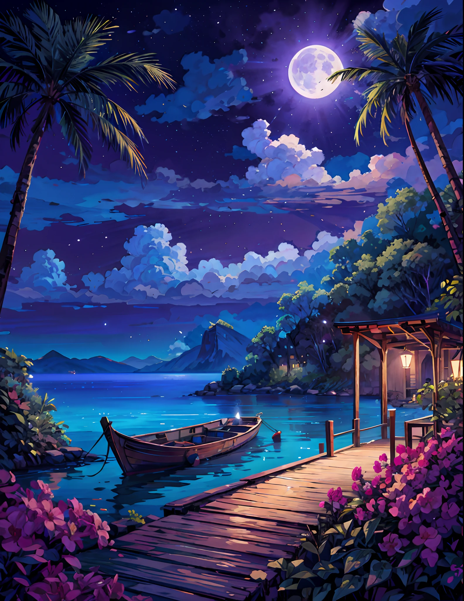 painting of a neon moonlight,dock areas, Bougainville decoration , 4k hd, moonlight, cloud,ocean, moonlight reflection,beautiful art uhd 4 k, a beautiful artwork illustration, beautiful digital painting, highly detailed digital painting, beautiful digital artwork, detailed painting 4 k, very detailed digital painting, rich picturesque colors, gorgeous digital painting
