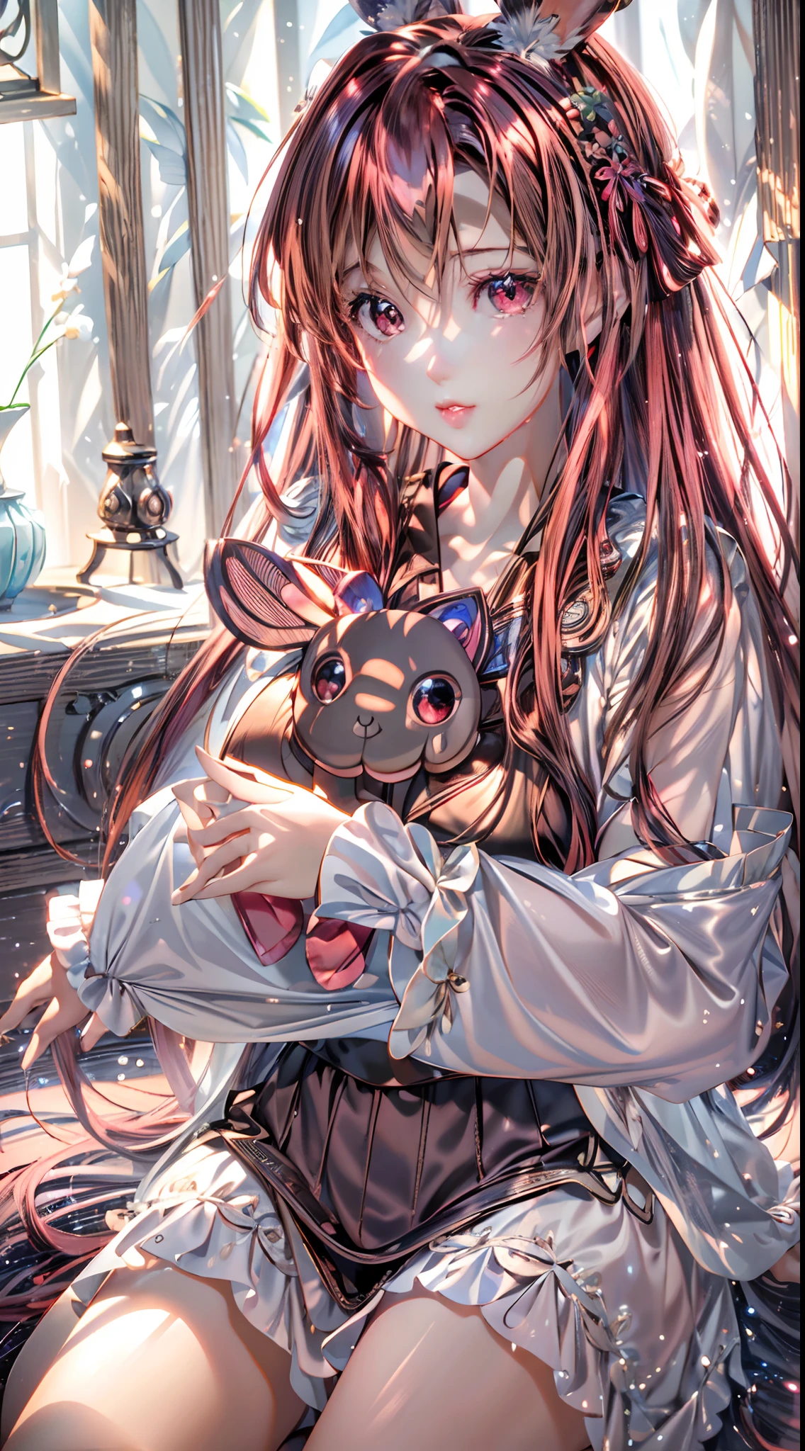 (Best quality,16k wallpaper,high resolution:1.2),Red to silver hair, wavy and long hair, Shiny hair color, Perfectly detailed face, full pouty lips, watery big eyes, Vertical pupils, reflective light, Woman with rabbit ears, Black and white shirt, Lazily lying in a solid wooden box, Soft lighting, full body shot of