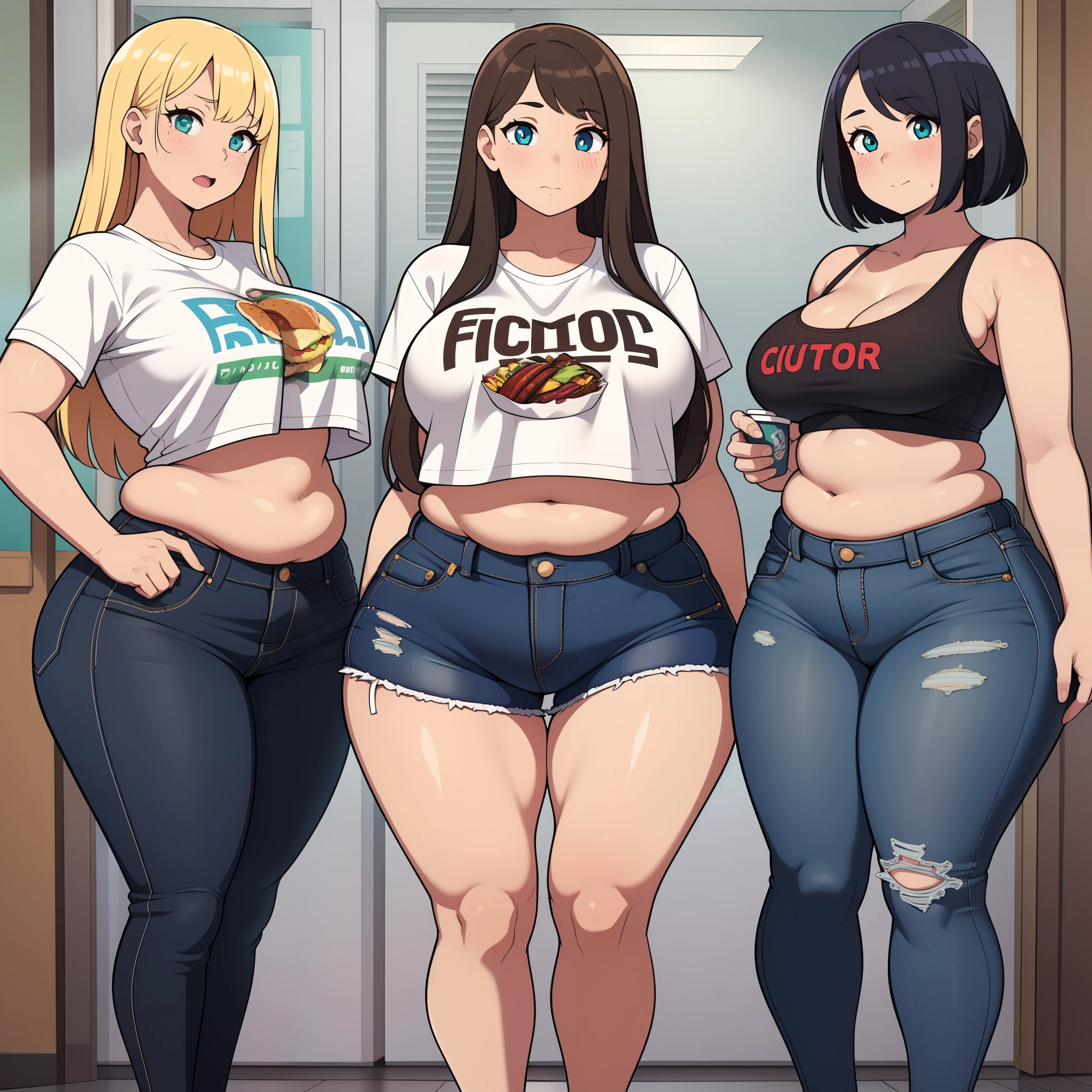 ((highres)), Masterpiece, high quality, best quality, beautiful, perfect lighting, detailed face, ultra cute face, (((3girls))), one girl has blonde hair, blue eyes, crop top and shorts skindentation, one girl has brown hair, green eyes, jeans, white shirt, tight clothes, one girl has, Short black hair, brown eyes, crop top and shorts full body, fast food restaurant, medium breasts, ((wide hips)), ((thick thighs)), ((plump)), chubby belly, fat folds, belly hang, standing, touching each other,