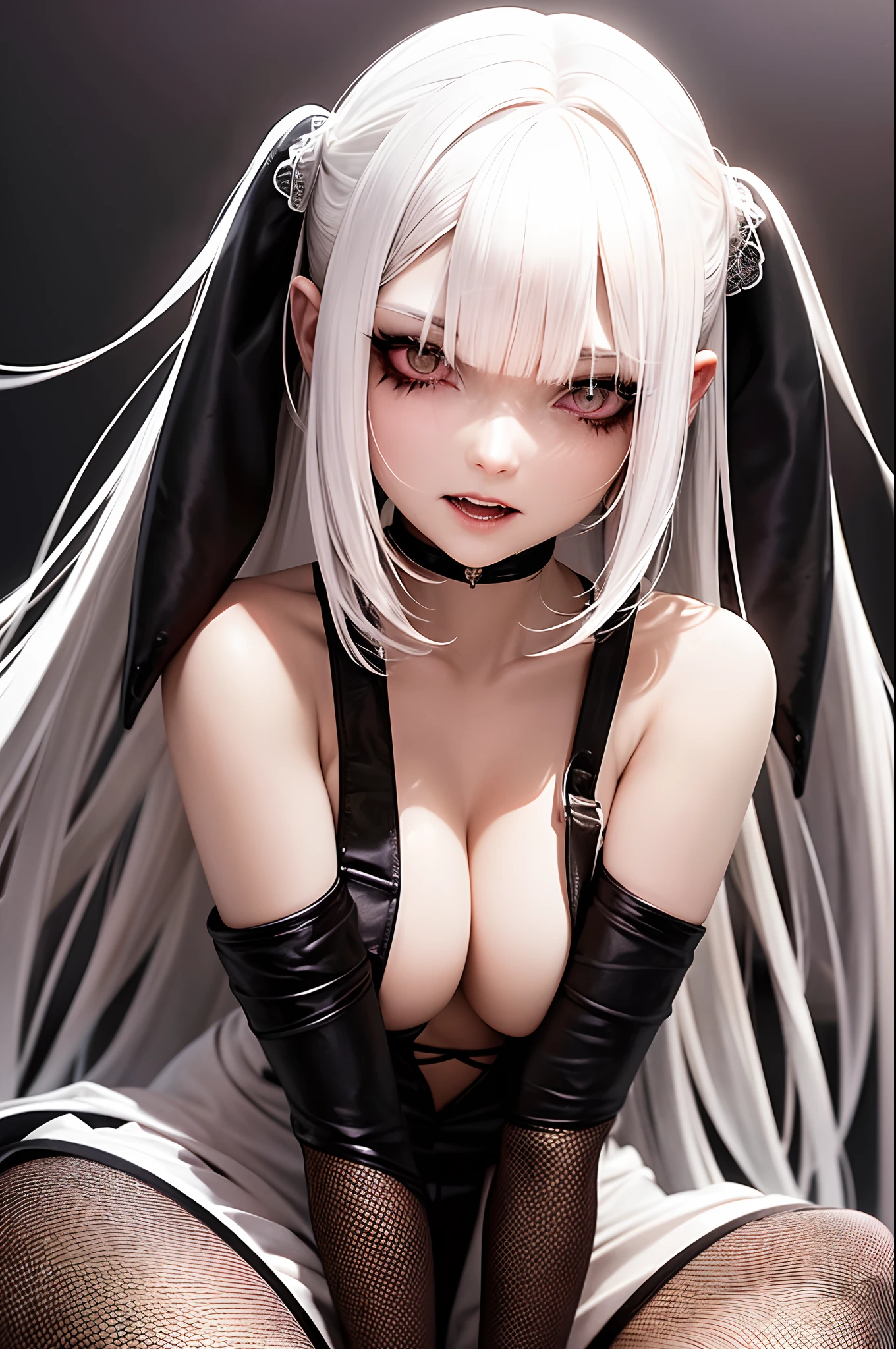 Vampire woman, vampire fangs, (blood on her chin), (white hair), (thick dress), (master piece), (on her knees), (bareback), (long hair), perfect body, (fishnets:1.3), (ultra realistic eyes), (detailed face), DSLR photography, sharp focus, Unreal Engine 5, Octane Render, Redshift, (cinematic lighting), 8K, RAW, unedited, symmetrical balance, in-frame, symmetrical face, symmetrical body, symmetric hands.