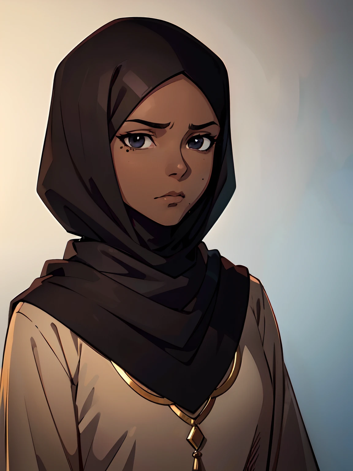 1 girl, (dark brown skin tone:1.4), very short hair, black eyes colour, mole down the right eye, (black Muslim clothes:1.1), Cold expression, blank eyes, mature, dominant aura, anime