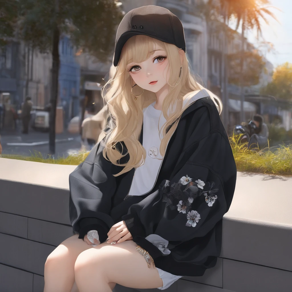 bobo head,Long black sweatshirt,denim short,White sneakers,Anime shoujo,On the street,Bright sunshine