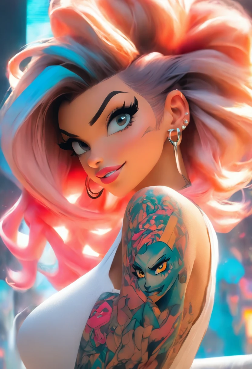 mullate girl anime: brosmind, high definition, rossdraws, boris vallejo, large format, arafed woman with tattoos and piercings posing in a white shirt, bombshell, gorgeous female, cardi b, clothed in white shirt, fully tattooed body, gorgeous woman, official product photo, better known as amouranth, gorgeous beautiful woman, tattooed body, full product shot, amouranth, dressed in a white t shirt, beautiful model