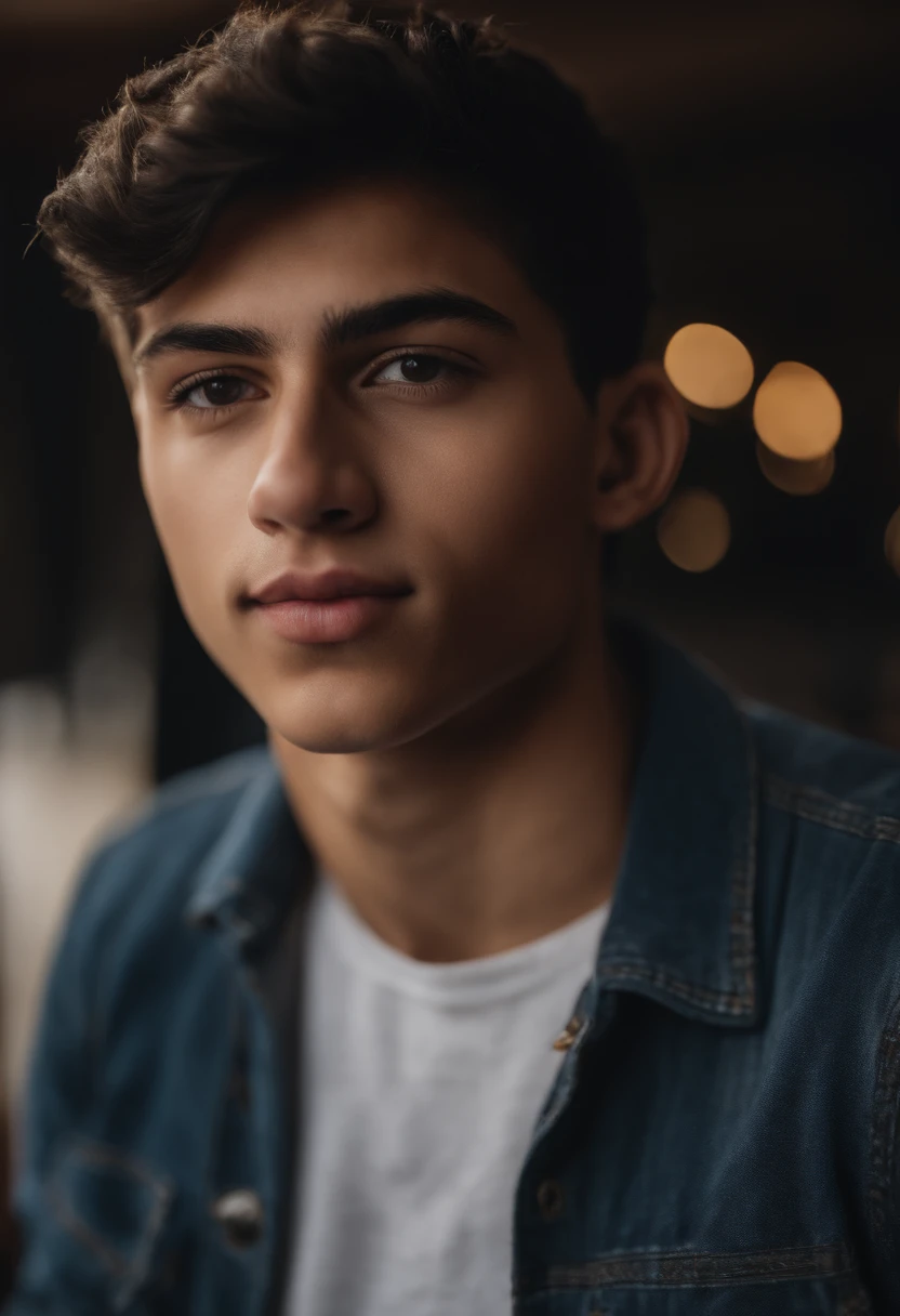 Sequenced RAW photo, A photo of a 16 year old boy, ((Upper body selfie, Happy)), biting finger, Detailed face, black hair, slightly olive skin, Slightly blurred detailed backgrounds, Natural lights, HDR, Photo realistic, professional photo, Flirting with the viewer, sexy look, photorealistic, Gorgeous, natural leather, 8k UHD, high quality, filmic grain, Fujifilm XT3