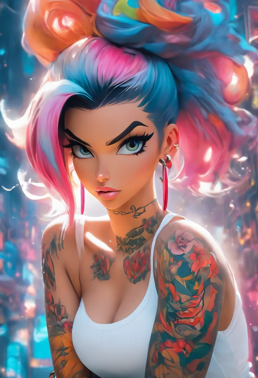 best quality, masterpiece, ultra detailed, ultra high res, realistic, bright colour, nude female, extremely large breast, very long pink mohawk hair, front view, under water,