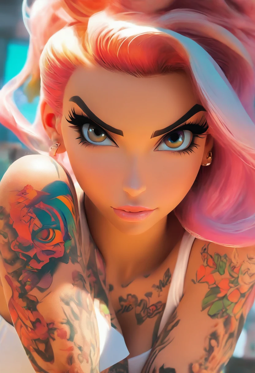 mullate girl anime: brosmind, high definition, rossdraws, boris vallejo, large format, arafed woman with tattoos and piercings posing in a white shirt, bombshell, gorgeous female, cardi b, clothed in white shirt, fully tattooed body, gorgeous woman, official product photo, better known as amouranth, gorgeous beautiful woman, tattooed body, full product shot, amouranth, dressed in a white t shirt, beautiful model