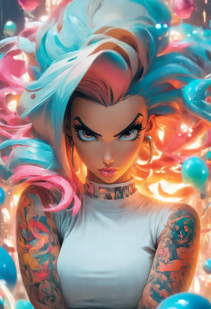mullate girl anime: brosmind, high definition, rossdraws, boris vallejo, large format, arafed woman with tattoos and piercings posing in a white shirt, bombshell, gorgeous female, cardi b, clothed in white shirt, fully tattooed body, gorgeous woman, official product photo, better known as amouranth, gorgeous beautiful woman, tattooed body, full product shot, amouranth, dressed in a white t shirt, beautiful model