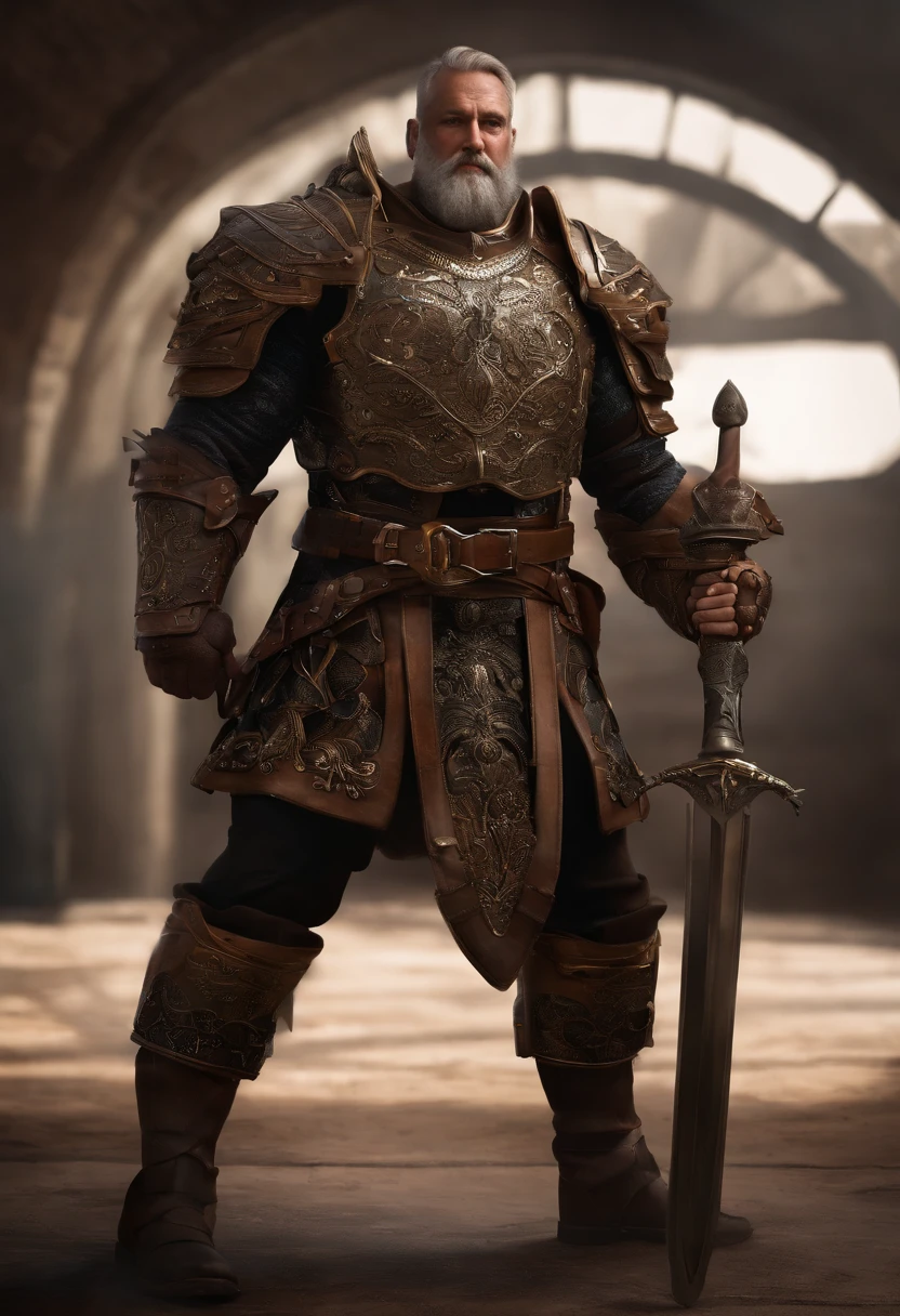 ((corpo inteiro)) Tiro de uma armadura gigante musculosa ornamentada estilo Mir4, Standing on the slate floor, Canon D500 Camera, Porta 200, .RAW, rosto barbudo severo, a rather large head, abaulamento das veias, wielding a massive weapon, cicatrizes de batalha intensas, Tatuagens, dynamic studio composition, Dramatic, studio lighting, BG battle decoration, fotografia