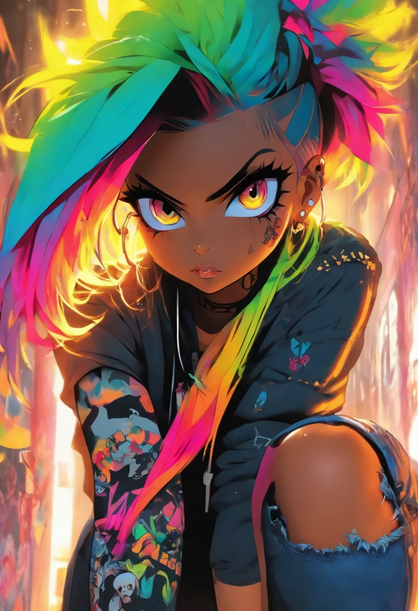 The most beautiful and sexy punk rock girl, rainbow colored hair, yellow eyes, dark skin, wearing a hoodie, graphic t-shirt and torn skinny jeans, tons of tattoos and piercings, perfect masterpiece, high quality, high resolution