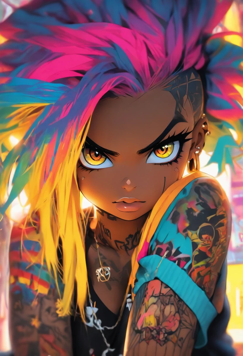 The most beautiful and sexy punk rock girl, rainbow colored hair, yellow eyes, dark skin, wearing a hoodie, graphic t-shirt and torn skinny jeans, tons of tattoos and piercings, perfect masterpiece, high quality, high resolution