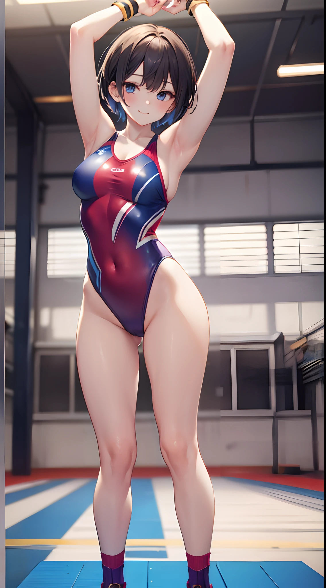 Masterpiece、 girl、gymnast、Breasts enlarged、Backward view、perfect leg、Beautiful hands、wearing leotard，Very short hair、The face smiled、Gymnastics competition venue、Sexy Posing