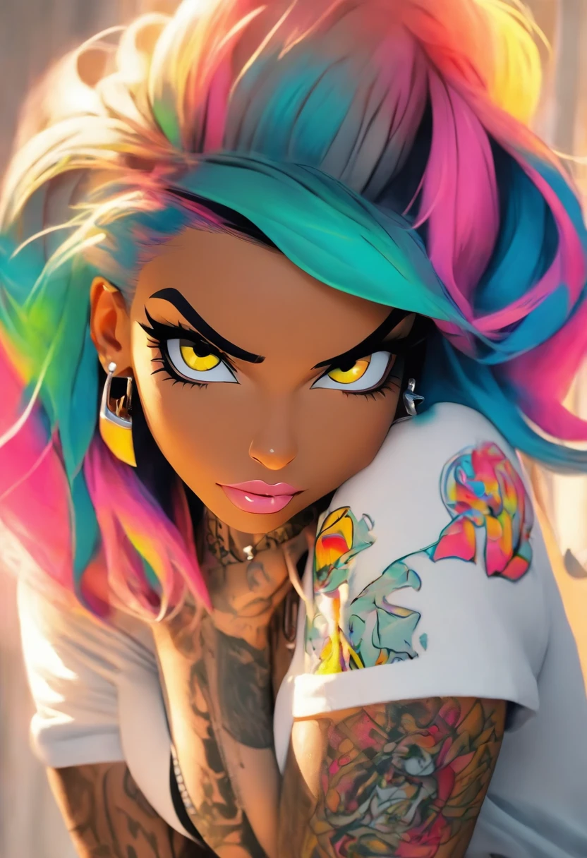 The most beautiful and sexy punk rock girl, rainbow colored hair, yellow eyes, dark skin, wearing a hoodie, graphic t-shirt and torn skinny jeans, tons of tattoos and piercings, perfect masterpiece, high quality, high resolution, arafed woman with tattoos and piercings posing in a white shirt, bombshell, gorgeous female, cardi b, clothed in white shirt, fully tattooed body, gorgeous woman, official product photo, better known as amouranth, gorgeous beautiful woman, tattooed body, full product shot, amouranth, dressed in a white t shirt, beautiful model
