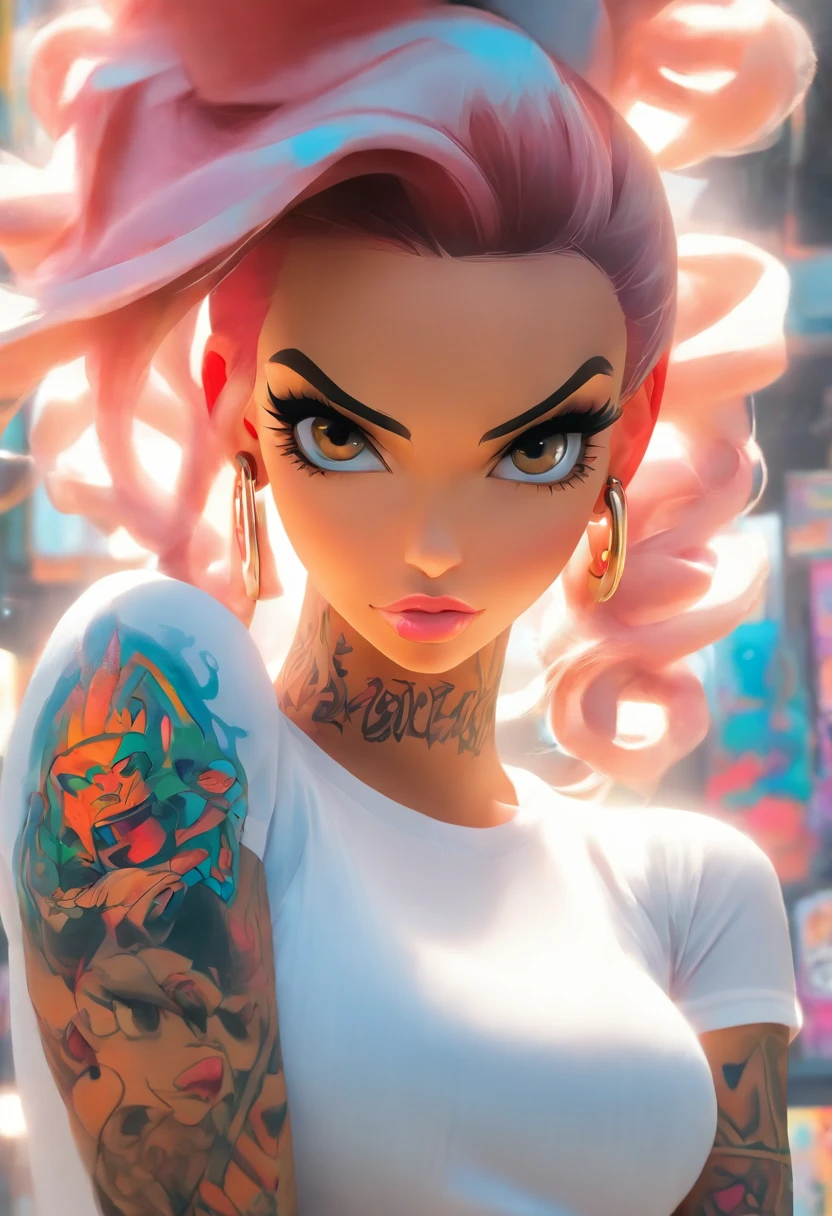mullate girl anime: brosmind, high definition, rossdraws, boris vallejo, large format, arafed woman with tattoos and piercings posing in a white shirt, bombshell, gorgeous female, cardi b, clothed in white shirt, fully tattooed body, gorgeous woman, official product photo, better known as amouranth, gorgeous beautiful woman, tattooed body, full product shot, amouranth, dressed in a white t shirt, beautiful model