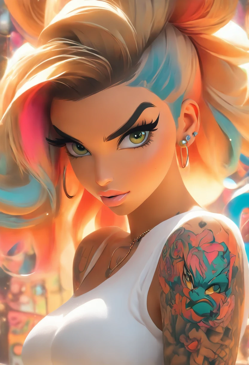 mullate girl anime: brosmind, high definition, rossdraws, boris vallejo, large format, arafed woman with tattoos and piercings posing in a white shirt, bombshell, gorgeous female, cardi b, clothed in white shirt, fully tattooed body, gorgeous woman, official product photo, better known as amouranth, gorgeous beautiful woman, tattooed body, full product shot, amouranth, dressed in a white t shirt, beautiful model