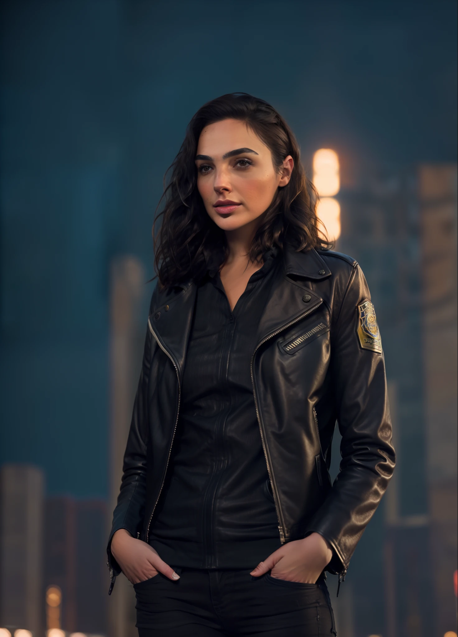 Portrait of gldot as a beautiful female model, georgia fowler, beautiful face, with short dark brown hair, in cyberpunk city at night. She is wearing a leather jacket, black jeans, dramatic lighting, (police badge:1.2)