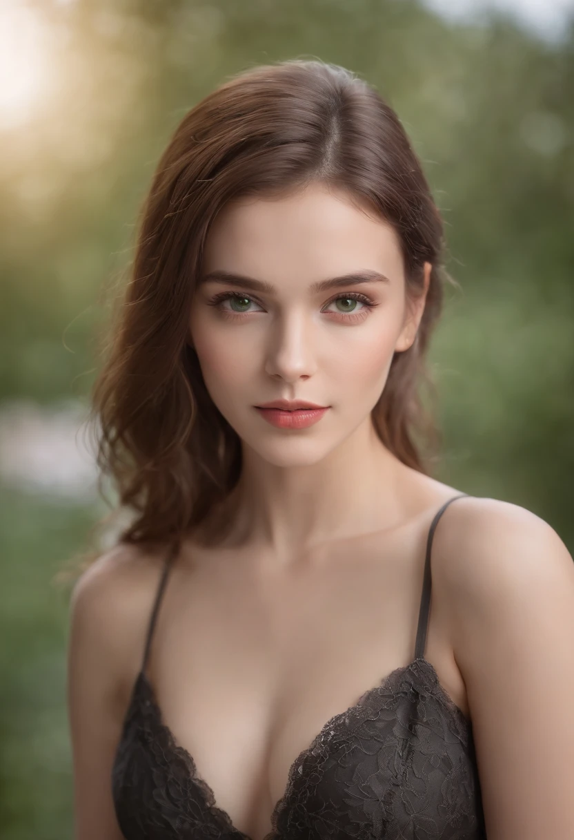 (best quality,4k,highres:1.2),ultra-detailed,realistic,professional,portrait,detailed eyes and face,beautiful detailed lips,brown-haired woman,20 years old,green eyes,smooth skin,full body,lingerie attire,fine texture,subtle lighting,vivid colors,soft background