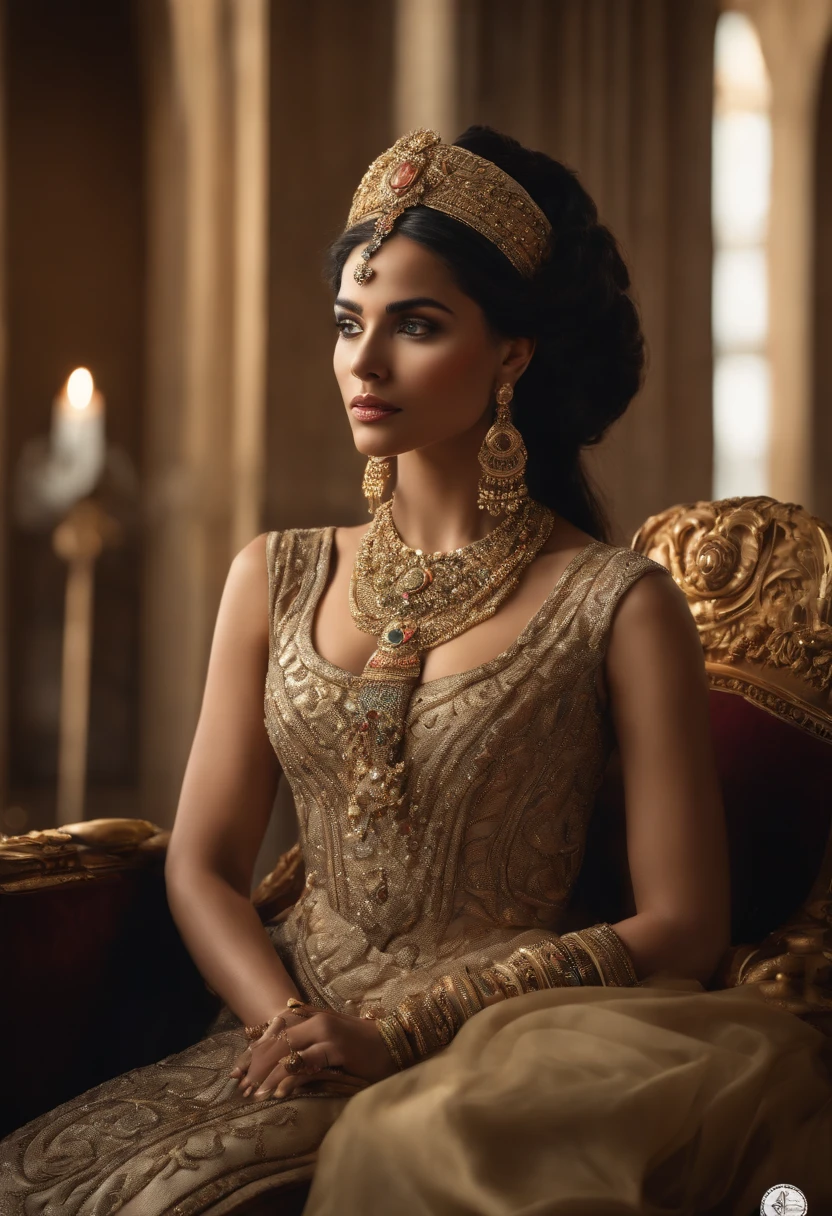 (ultra-realistic),(best quality,4k,8k,highres,masterpiece:1.2),Cleopatra sitting on her throne,delicate and beautiful face,detailed golden crown,ornate regal attire,elaborate jewelry,richly adorned throne,opulent surroundings,soft sunlight streaming through the window,exquisite craftsmanship and fine details,sparkling gemstones,subtle shadows and highlights,rich color palette,royal and majestic atmosphere,vibrant colors,smooth and flawless skin,attention to facial features,breathtaking scenery in the background,immaculate detail depiction,meticulous attention to the folds of the clothing,lush velvet fabric,elaborate patterns and embroidery,enigmatic expression in Cleopatra's eyes,sublime elegance and grace,mesmerizing aura of power and beauty,historical accuracy and authenticity,dynamic pose with relaxed posture and confident demeanor,perfect symmetry and balance,revealing Cleopatra's status as a queen,radiant and captivating presence,classic portraiture style,impeccable light and shading.