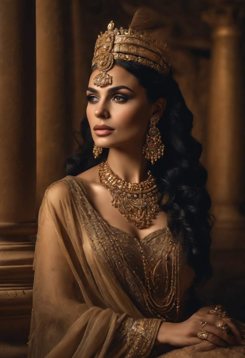 (best quality,4k,8k,highres,masterpiece:1.2),ultra-detailed,(realistic,photorealistic,photo-realistic:1.37),beautiful detailed face,goddess with long flowing hair,breathtakingly beautiful eyes,bright sparkling eyes,perfectly shaped eyebrows,silky smooth skin,radiant complexion,luscious pink lips,graceful and slender neck and shoulders,golden sunlight casting a warm glow,soft and ethereal background,impeccably detailed texture,subtle yet striking color palette,artistic digital painting style,stunning portrait of a goddess, necked