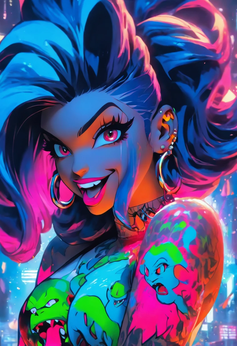 Monster Girl, Full Slime Body, colors neon, risa loca, malvada, arafed woman with tattoos and piercings posing in a white shirt, bombshell, gorgeous female, cardi b, clothed in white shirt, fully tattooed body, gorgeous woman, official product photo, better known as amouranth, gorgeous beautiful woman, tattooed body, full product shot, amouranth, dressed in a white t shirt, beautiful model