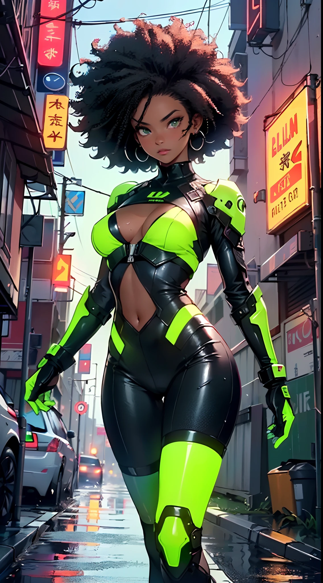girl spacepunk,(((1girl))),((cute and beautiful afro haired girl)),((((black race)))),
(large breasts:1.4),saggy breasts,((((black afro hair:1.35,((afro hair:1.35)),afrohair,afro:1.35,dark hair,black hair,)))),medium hair, red:1.5,(((neon_green_eyes:1.3))),intricate eyes,beautiful detailed eyes,symmetrical eyes,((fat)),((((tan,dark skin,black skin:1.35,dark-skinned_female,dark skin:1.3,ebony skin,lustrous skin:1.5,bright skin: 1.5,shiny skin,very shiny skin,shiny body,illuminated skin,wet legs)))),(spider lower abdomen,narrow waist,wide hip,athletic body,inflated legs,delicate detailed fingers),(((detailed face))),
cute,slutty,sensual,seductive look,seductive,erotic,enchanting,((nsfw)),
zettai ryouiki,revealing clothing,show skin,(wearing a mechanical space body armor:1.3,micro armor bikini,bare legs,an armored arm),(((wet clothes,intricate outfit,intricate clothes))),
(dynamic pose:1.0),solo focus,embarrassed,(centered,scale to fit dimensions,Rule of thirds),
cyberpunk city by the ocean at night, with bright neon signs and dark stormy clouds and puddles, scenery:1.25,
artistic photography,(photography taken by sldr),highres, sharp focus, (ultra detailed, extremely detailed), (photorealistic artwork:1.37),(extremely detailed CG unity 8k wallpaper),((synthwave background theme)),(((vibrant colors))),(intricate background),(masterpiece),(best quality),