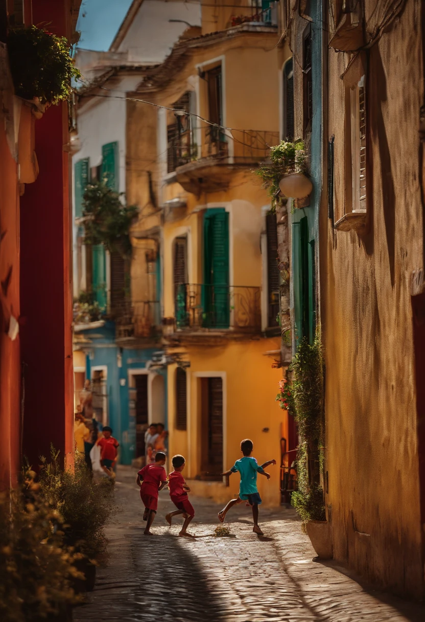 Children playing soccer on the street from home, rua tranquila e familiar
