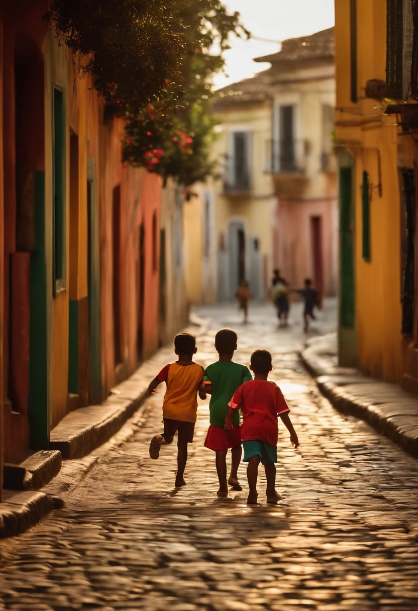 Children playing soccer on the street from home, rua tranquila e familiar