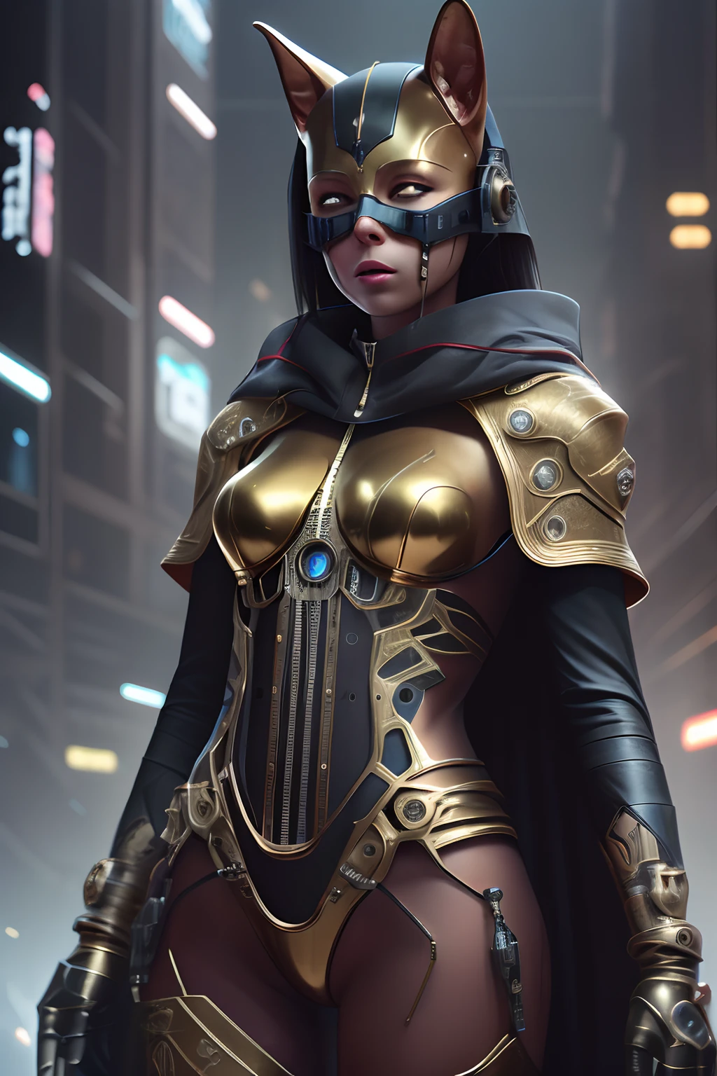 (Simple background), 1 woman, Godanubis, Face-only view. Open mouth, cowboy shot, Glowing eyes, Mechanical body, Cyberpunk, mechs, ciber, droid. White the. Golden Black Body, Cape Godanubis, Anubis Head, Doghead, furr