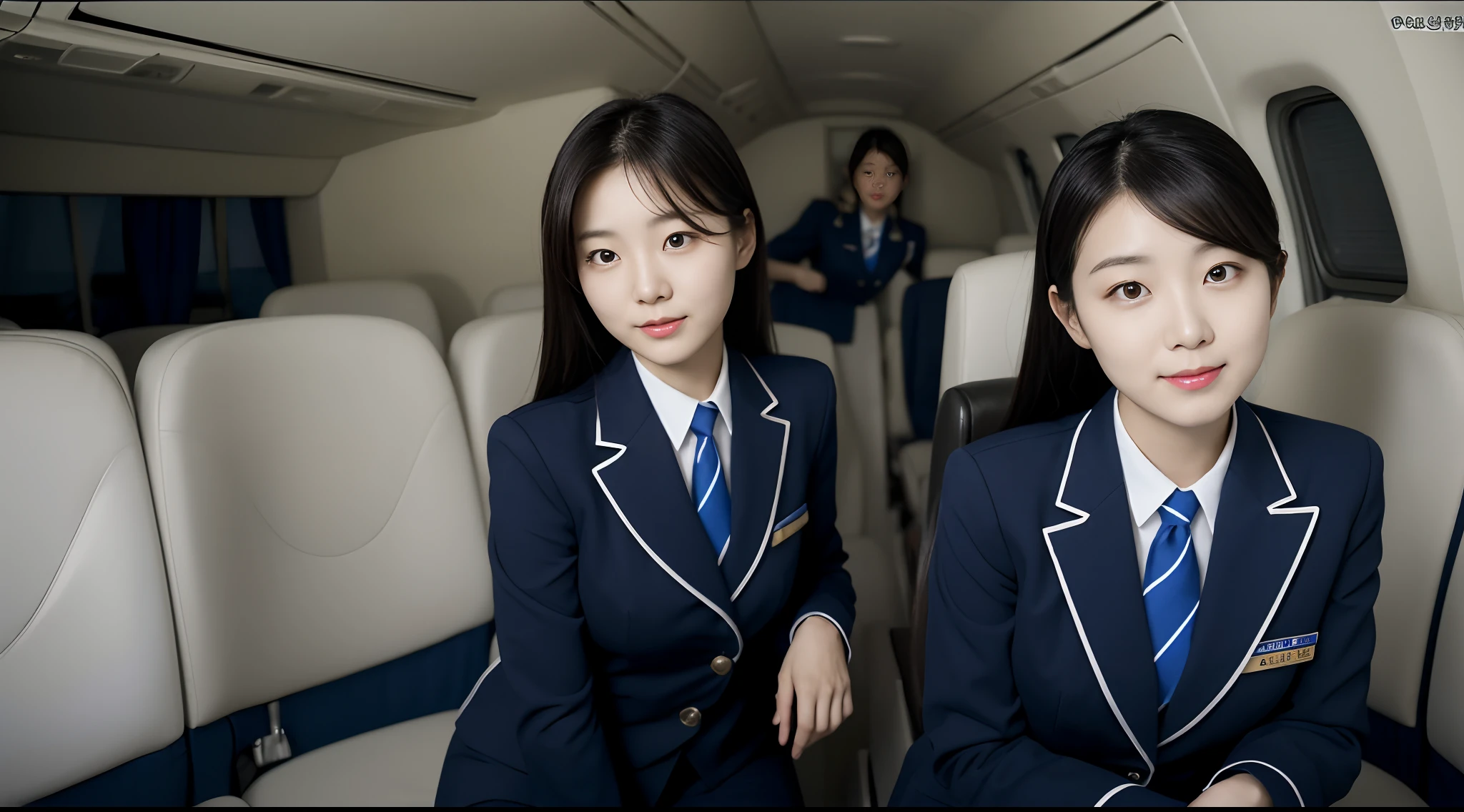 Photo of a South Korean woman in her 20s wearing a flight attendant's uniform, Sit in a cabin with seats on both sides. Photos should be taken in RAW format, Women should be well-lit. she is looking at the camera, Find the most flattering pose