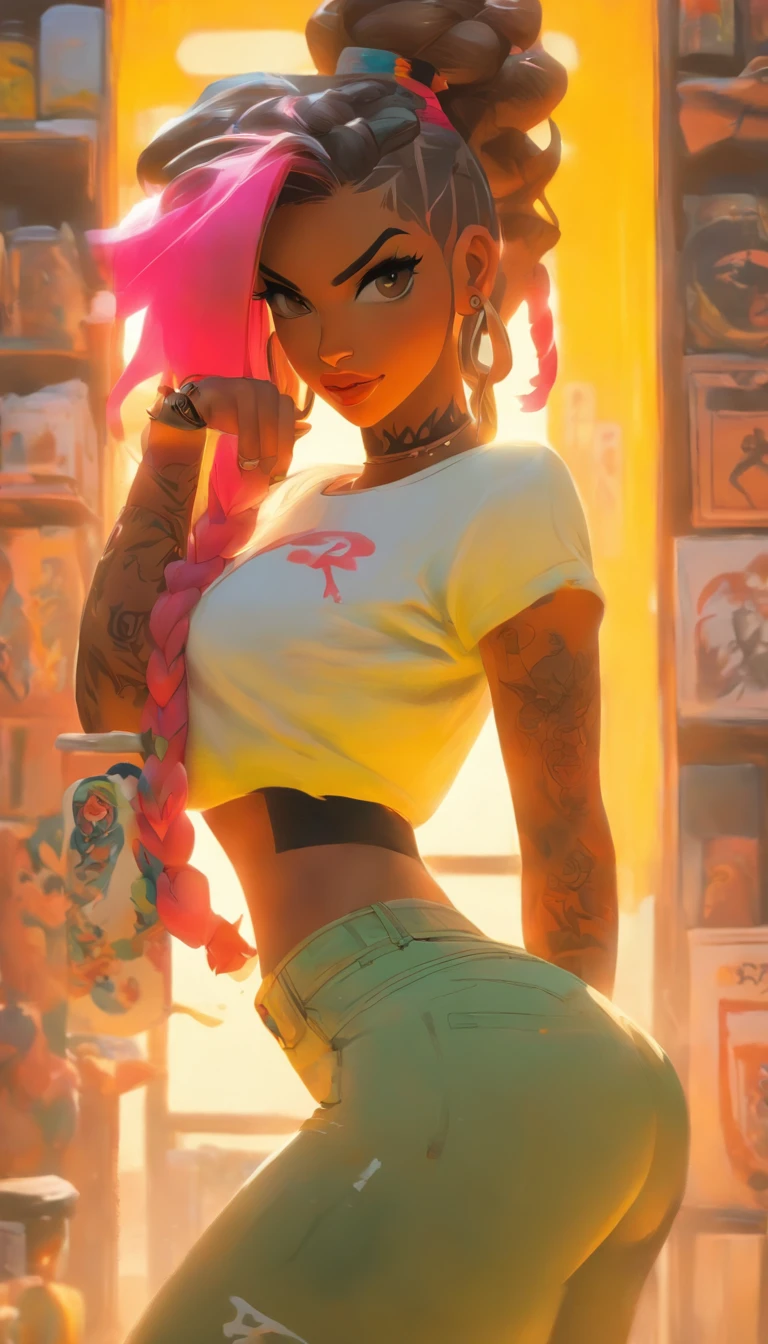 Ultra-detailed portrait of ShoalBeat's 1girl in leggings, a sports bra, an off-shoulder jacket, braids and a hairband, in the gym with a cowboy shot pose, pink hair, symbol-shaped eyes, sweat and wet skin, with a water bottle, by Makoto Shinkai, Katsuhiro Otomo, Thomas Kinkade, Greg Rutkowski, Mike Mignola and Ismail Inceoglu., arafed woman with tattoos and piercings posing in a white shirt, bombshell, gorgeous female, cardi b, clothed in white shirt, fully tattooed body, gorgeous woman, official product photo, better known as amouranth, gorgeous beautiful woman, tattooed body, full product shot, amouranth, dressed in a white t shirt, beautiful model