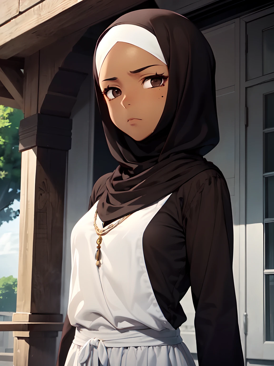 1 girl, (dark brown skin tone:1.4), very short hair, black eyes colour, mole down the right eye, (black Muslim clothes:1.1), Cold expression, blank eyes, mature, dominant aura, anime, manga