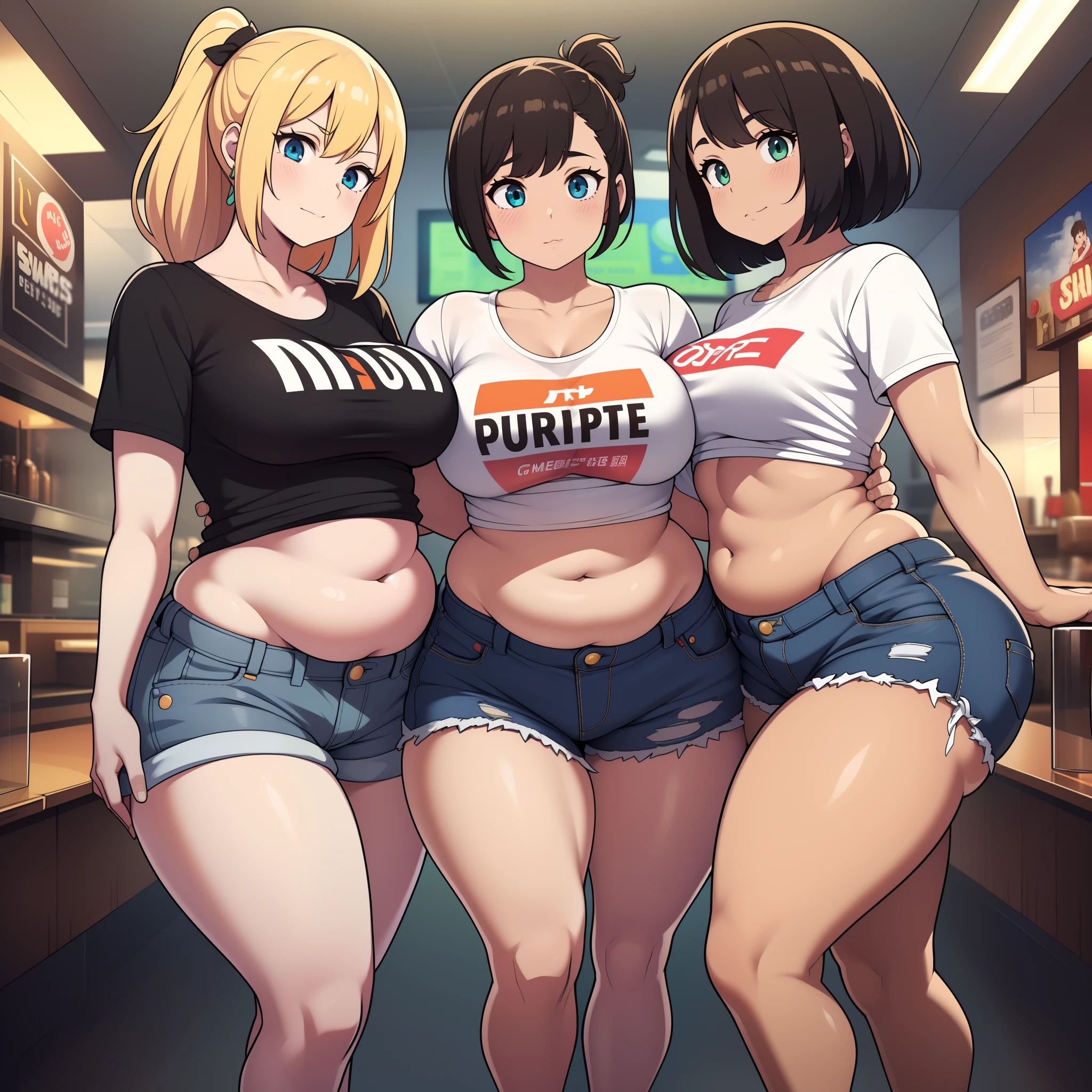((highres)), Masterpiece, high quality, best quality, beautiful, perfect lighting, detailed face, ultra cute face, (((3girls))), one girl has blonde hair, blue eyes, crop top and shorts skindentation, one girl has brown hair, green eyes, jeans, white shirt, tight clothes, one girl has, Short black hair, brown eyes, crop top and shorts full body, fast food restaurant, medium breasts, ((wide hips)), ((thick thighs)), ((plump)), chubby belly, fat folds, belly hang, standing, touching each other, belly grab,