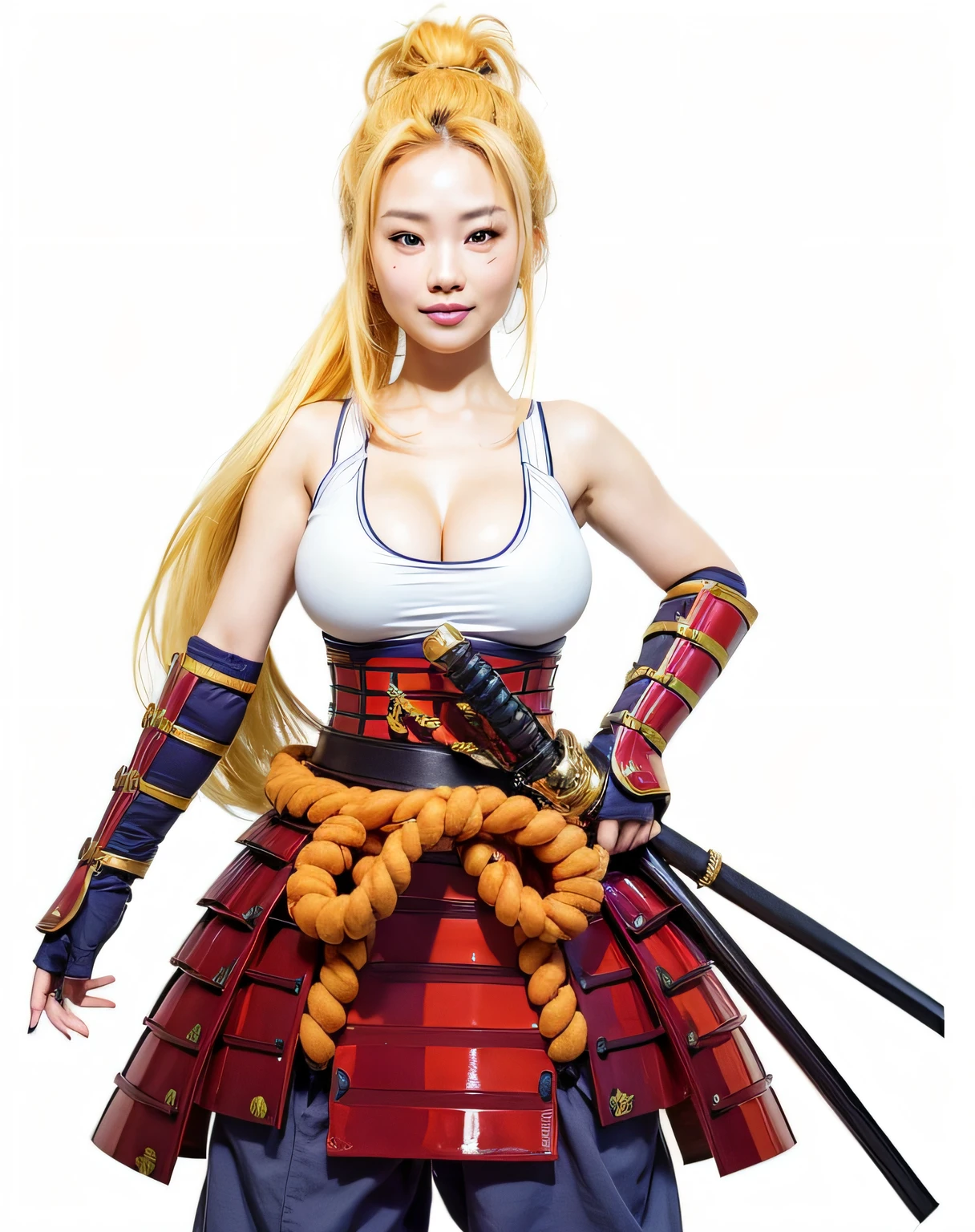 a pretty asian woman smiling with big boobs and yellow hair carrying two samurai swords with thick orange ropes wrapped around her waist, ultra realistic, high quality, detailed face