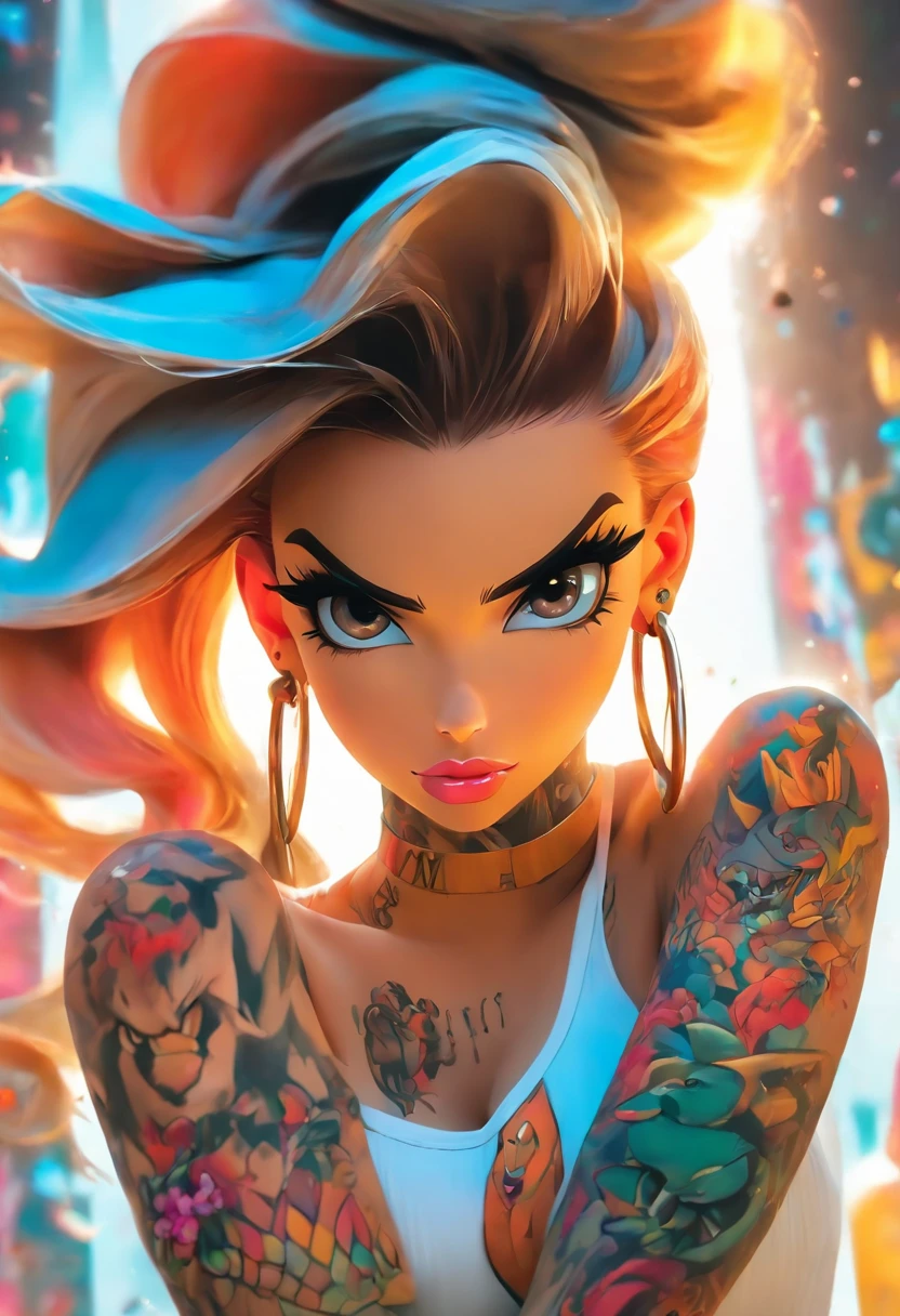 mullate girl anime: brosmind, high definition, rossdraws, boris vallejo, large format, arafed woman with tattoos and piercings posing in a white shirt, bombshell, gorgeous female, cardi b, clothed in white shirt, fully tattooed body, gorgeous woman, official product photo, better known as amouranth, gorgeous beautiful woman, tattooed body, full product shot, amouranth, dressed in a white t shirt, beautiful model
