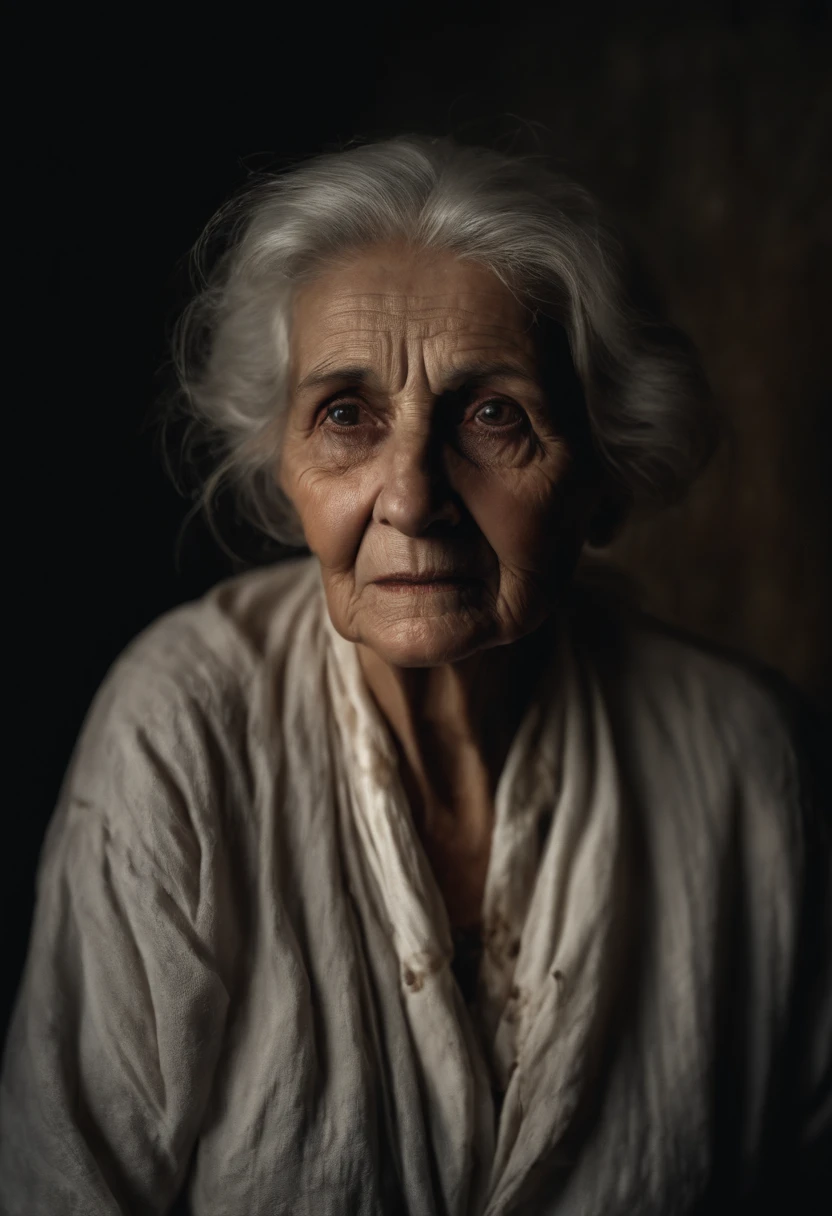 elderly woman, withered, eyes all white, dark and old torn clothes, dry skin, detailed, eyes forward, horror film, all dark background, battered, realistic, 8k