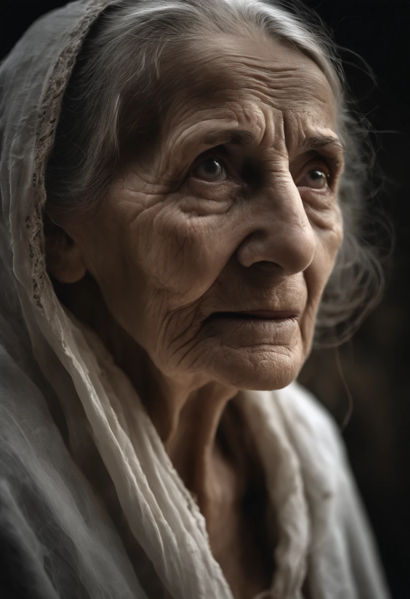 elderly woman, withered, eyes all white, dark and old torn clothes, dry skin, detailed, eyes forward, horror film, all dark background, battered, realistic, 8k