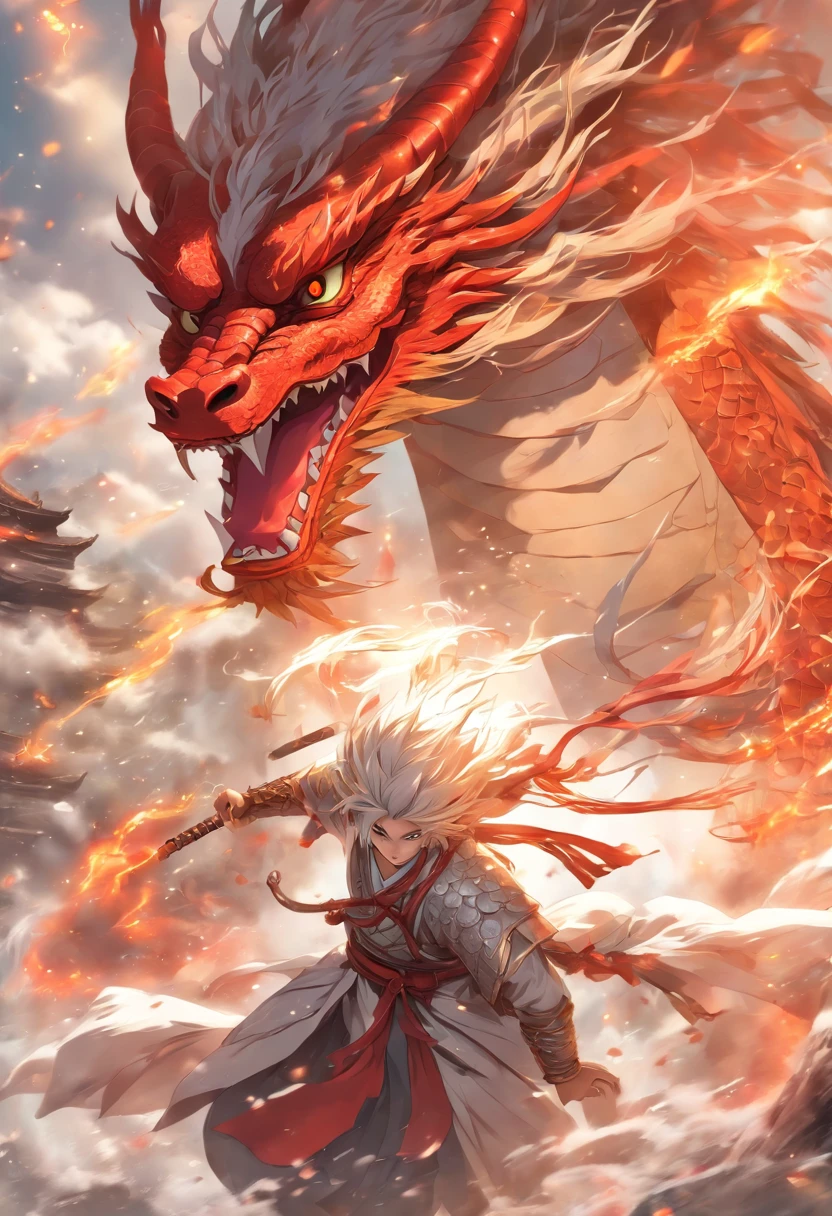 Dynamic Lighting, Art Station, Poster, Volume Lighting, Very Detailed Faces, 4k Wallpaper, Award-Standing, 1 Girl with White Hair, Long Flowing Hair, Ponytail, Fringed Hair Ornament, Dynamic Perspective, White Hanfu, White Gauze Flying, Red Belt, Sexy, Traditional Chinese Ink Painting, Surrounded by Clouds and Mist, Mist, Riding a White Dragon Dragon Head, Stroking the Dragon Head, White Dragon Horns, Dynamic Perspective, Movie Lighting,